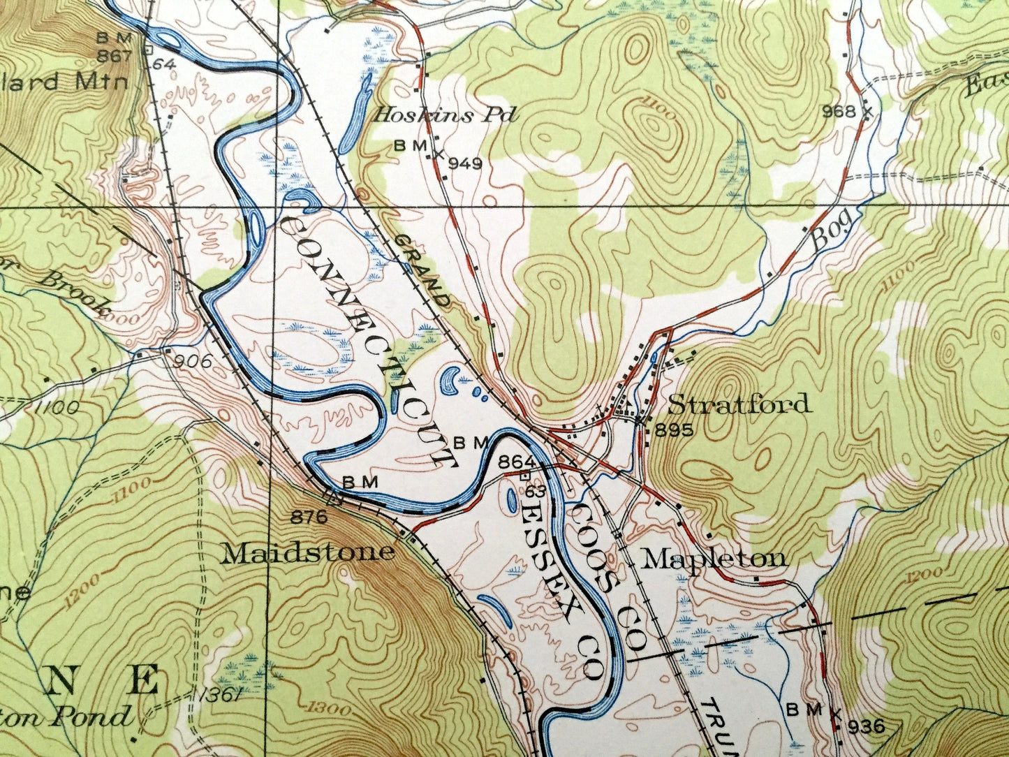 Antique Guildhall, Vermont 1933 US Geological Survey Topographic Map – Stratford, Brunswick Lancaster, Maidstone, Groveton, New Hampshire VT