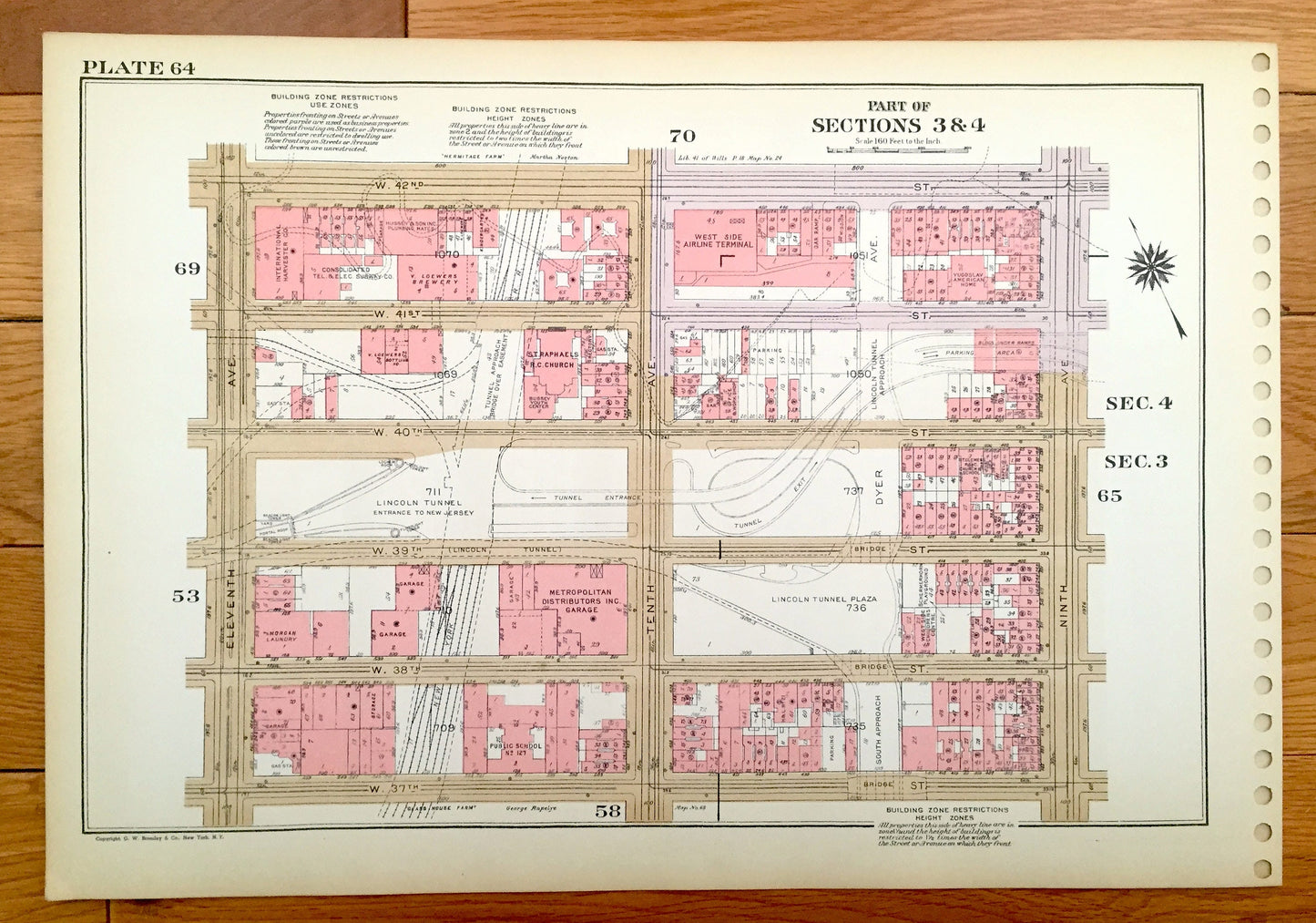 Antique Manhattan, New York City Map from Bromley's 1955 Manhattan Land Book – Midtown, Clinton, Chelsea, Garment District, Lincoln Tunnel