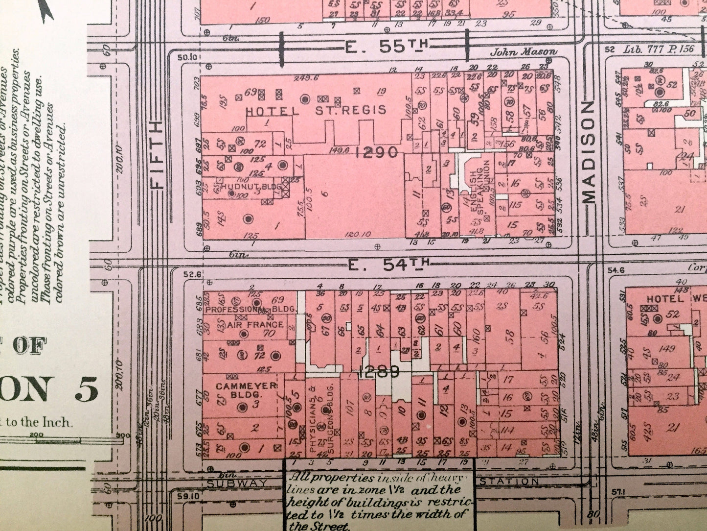 Antique Manhattan, New York City Map from Bromley's 1955 Manhattan Land Book – Central Park South, Theater District Midtown East Clinton NYC