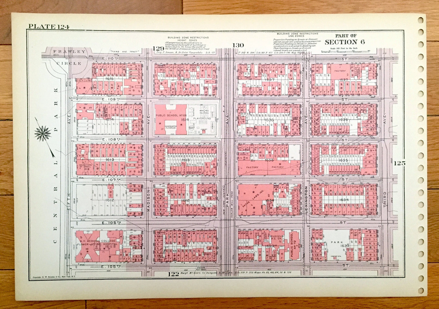 Antique Manhattan, New York City Map from Bromley's 1955 Manhattan Land Book – Harlem, Upper East Side, Central Park, Frawley Circle, NYC NY