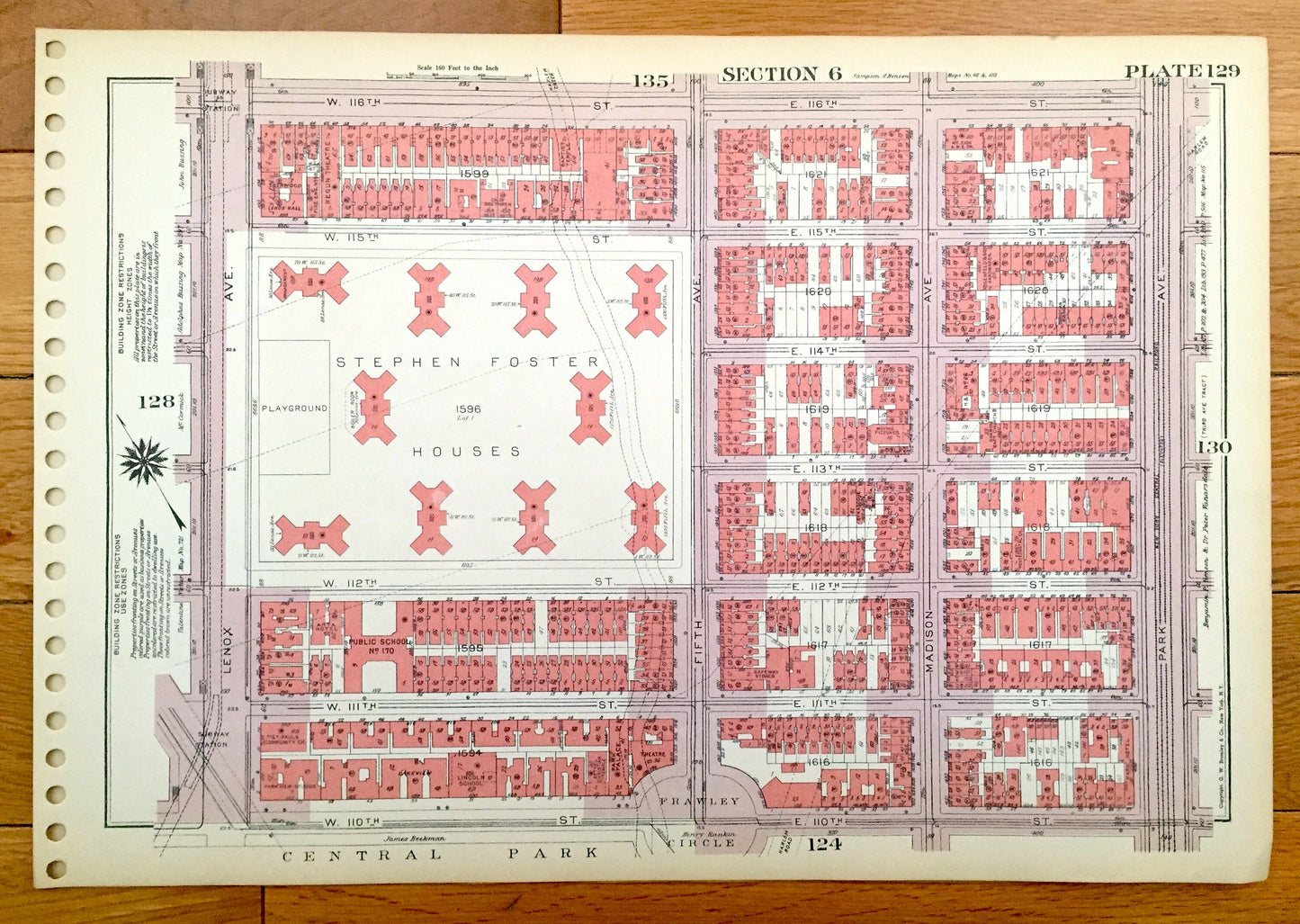 Antique Manhattan, New York City Map from Bromley's 1955 Manhattan Land Book – Harlem, Central Park, Stephen Foster Houses, Frawley NYC NY