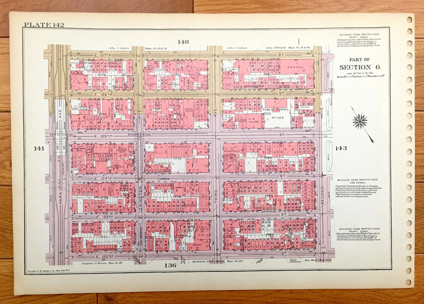 Antique Manhattan, New York City Map from Bromley's 1955 Manhattan Land Book – East Harlem, Marcus Garvey Park, Mount Morris Park, NYC NY