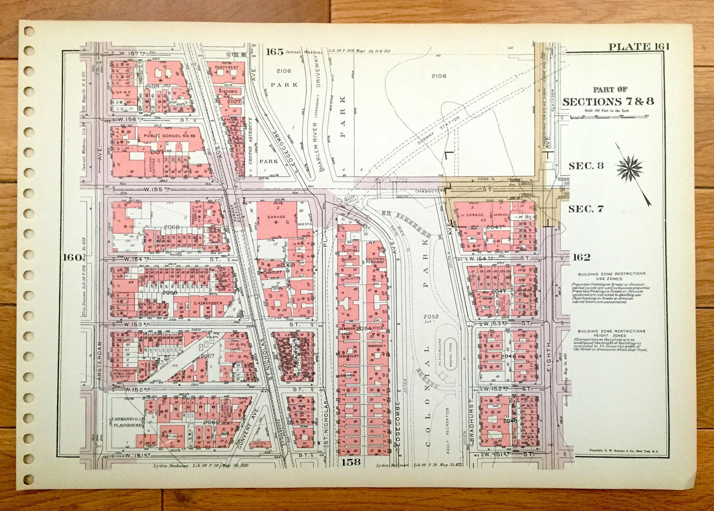 Antique Manhattan, New York City Map from Bromley's 1955 Manhattan Land Book – Harlem, Hamilton, Washington Heights Jackie Robinson Park NYC