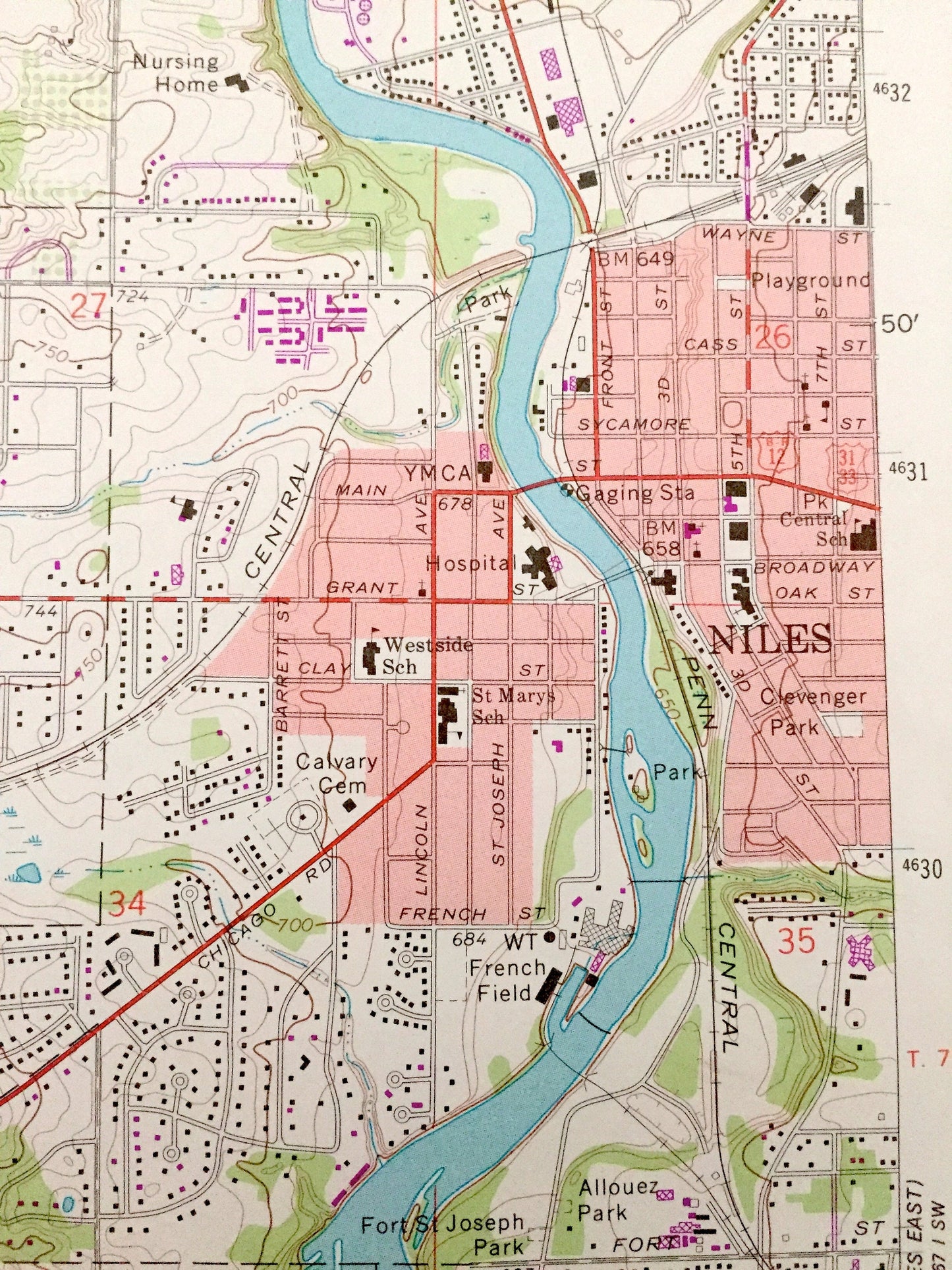 Antique Niles, Indiana 1971 US Geological Survey Topographic Map – Buchanan, Bertrand, Berrien County, St. Joseph County, Indiana, German IN