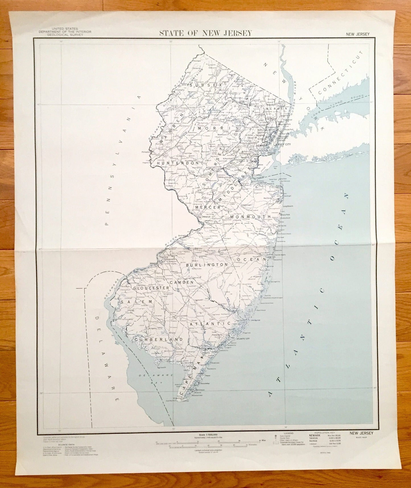 Antique New Jersey State 1948 US Geological Survey Map – Warren, Hunterdon, Somerset, Atlantic, Cape May, Ocean, Middlesex, Union, Essex, NJ