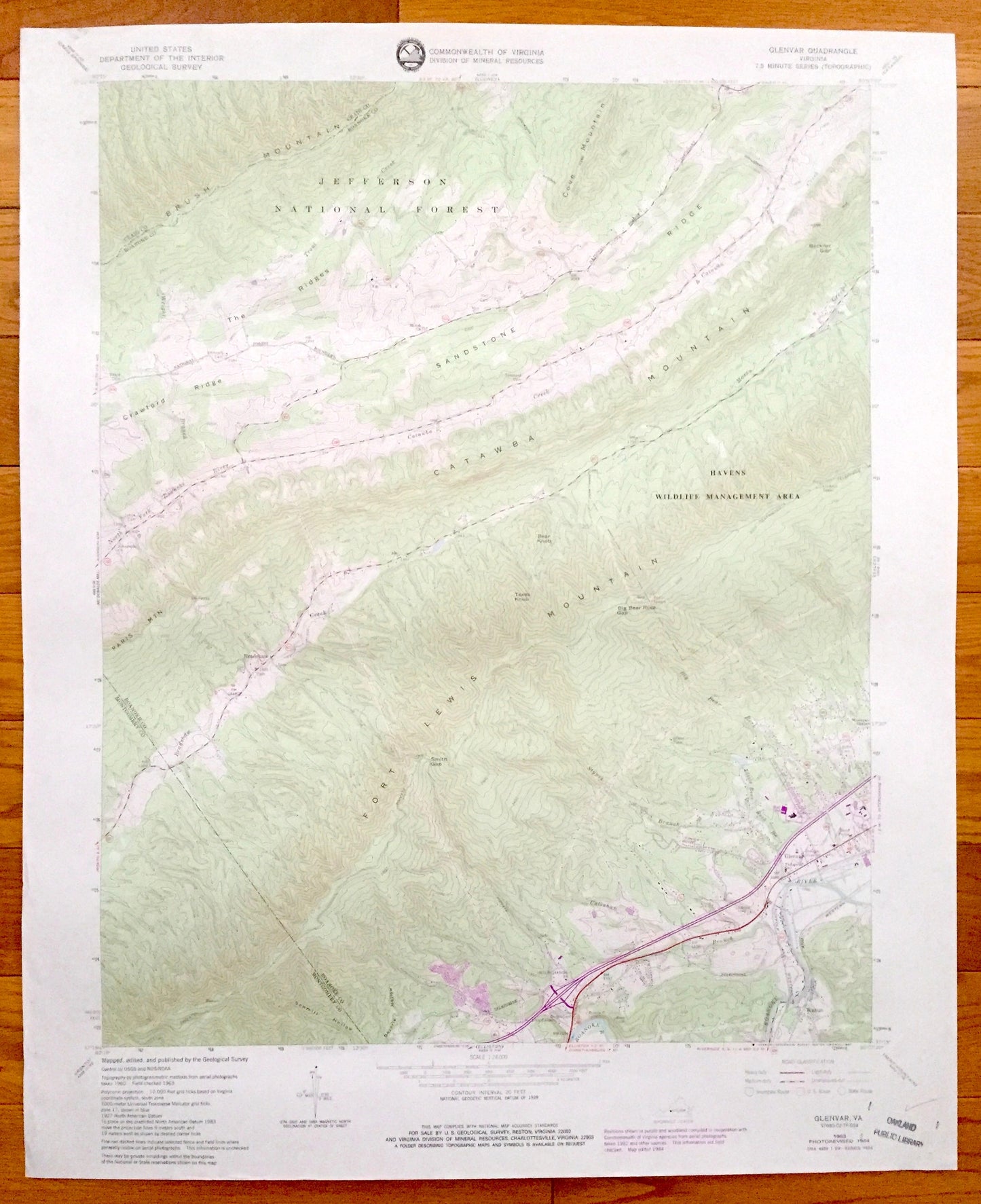 Antique Glenvar, Virginia 1963 US Geological Survey Topographic Map – Jefferson National Forest, Fort Lewis Mountain, Wabun, Roanoke County