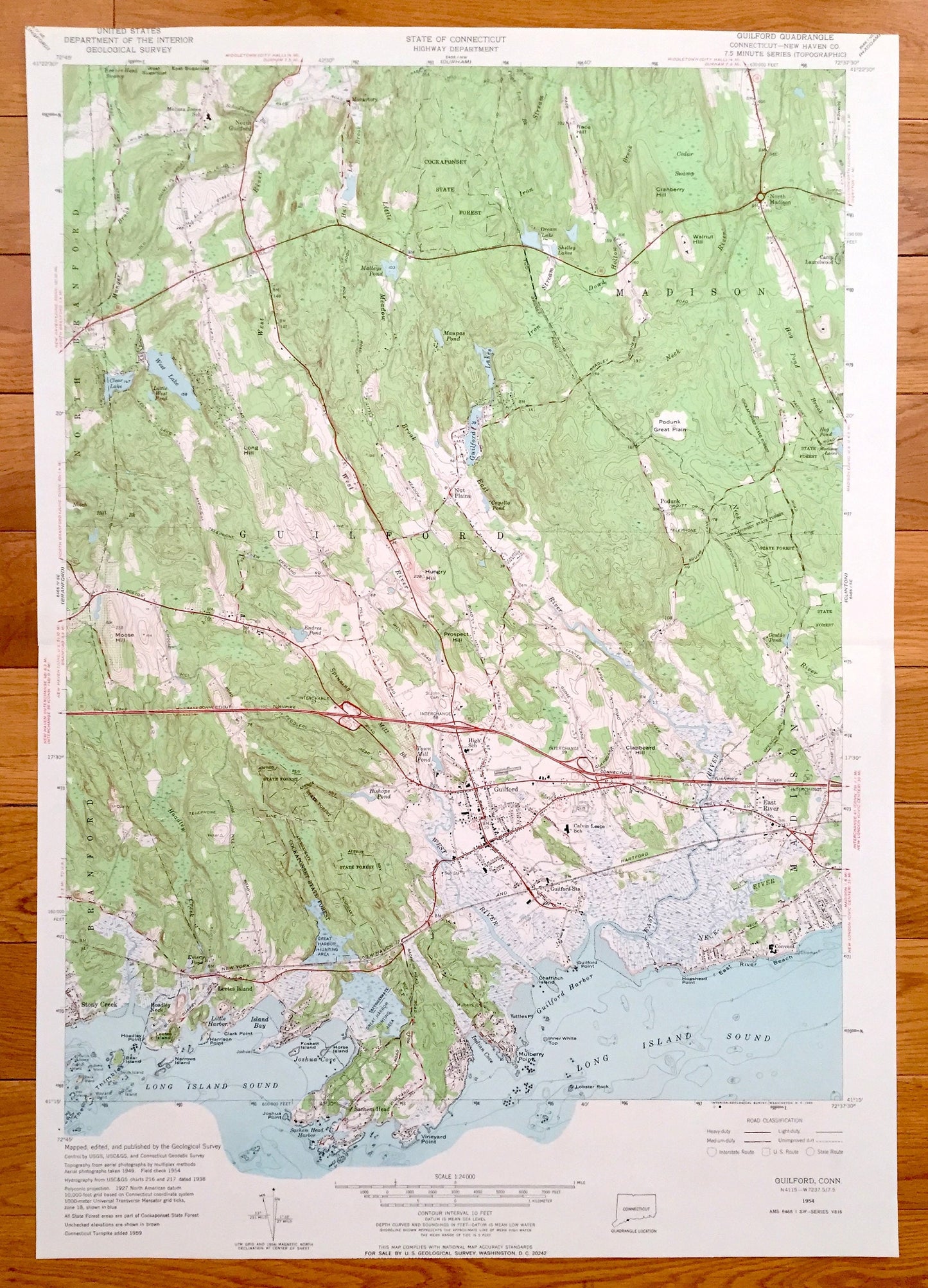 Antique Guilford, Connecticut 1954 US Geological Survey Topographic Map – Madison, Branford, North Branford, Stony Creek New Haven County CT