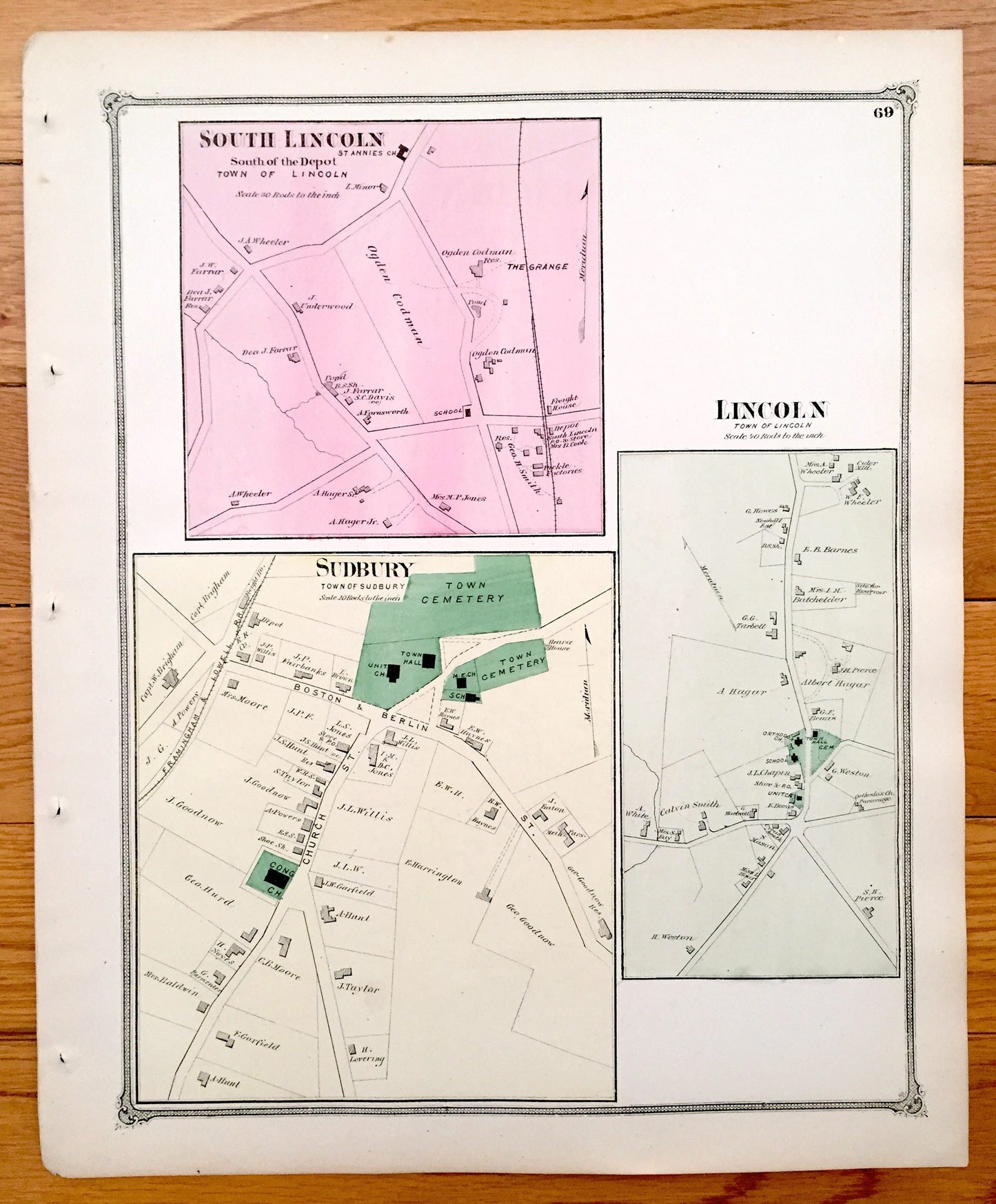 Antique 1875 Lincoln & Sudbury, Massachusetts Map from J.B. Beers Atlas of Middlesex County – South Lincoln, The Grange, MA