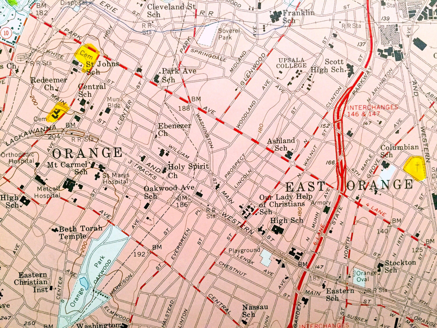 Antique Orange, New Jersey 1955 US Geological Survey Topographic Map – Montclair, Bloomfield, Newark, Passaic, Clifton Cedar Grove Kearny NJ