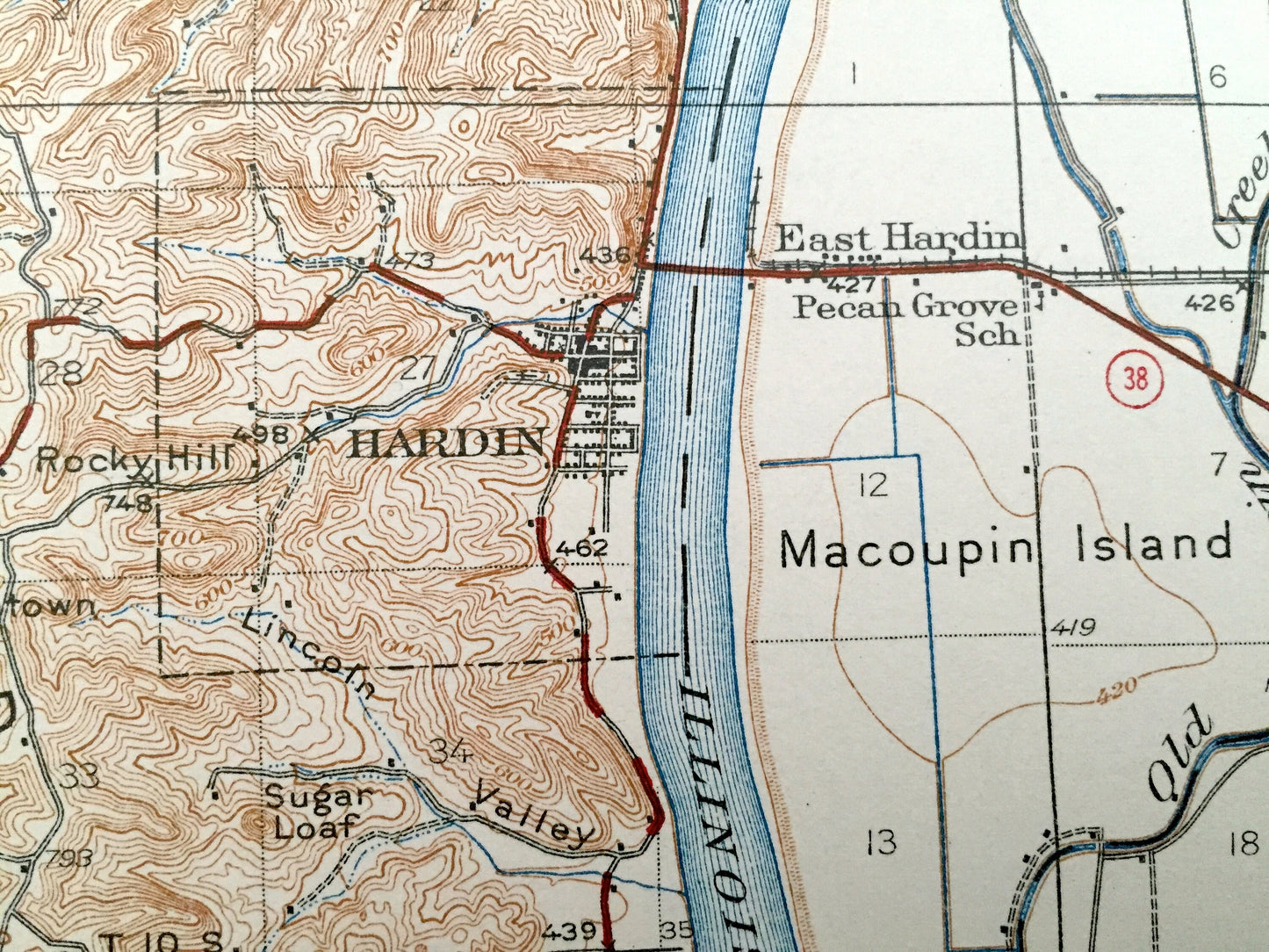 Antique Hardin, Illinois 1938 US Geological Survey Topographic Map – Foley, Missouri, Greene, Jersey, Calhoun, Pike, Lincoln County, IL