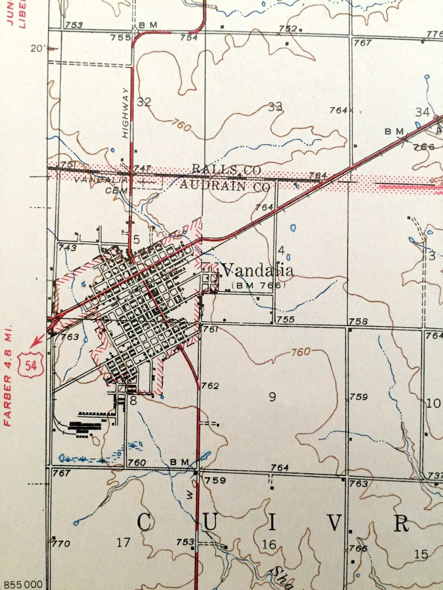 Antique Vandalia, Missouri 1945 US Geological Survey Topographic Map – Frankford, Curryville, Spencer, Pike, Ralls, Audrain County MO