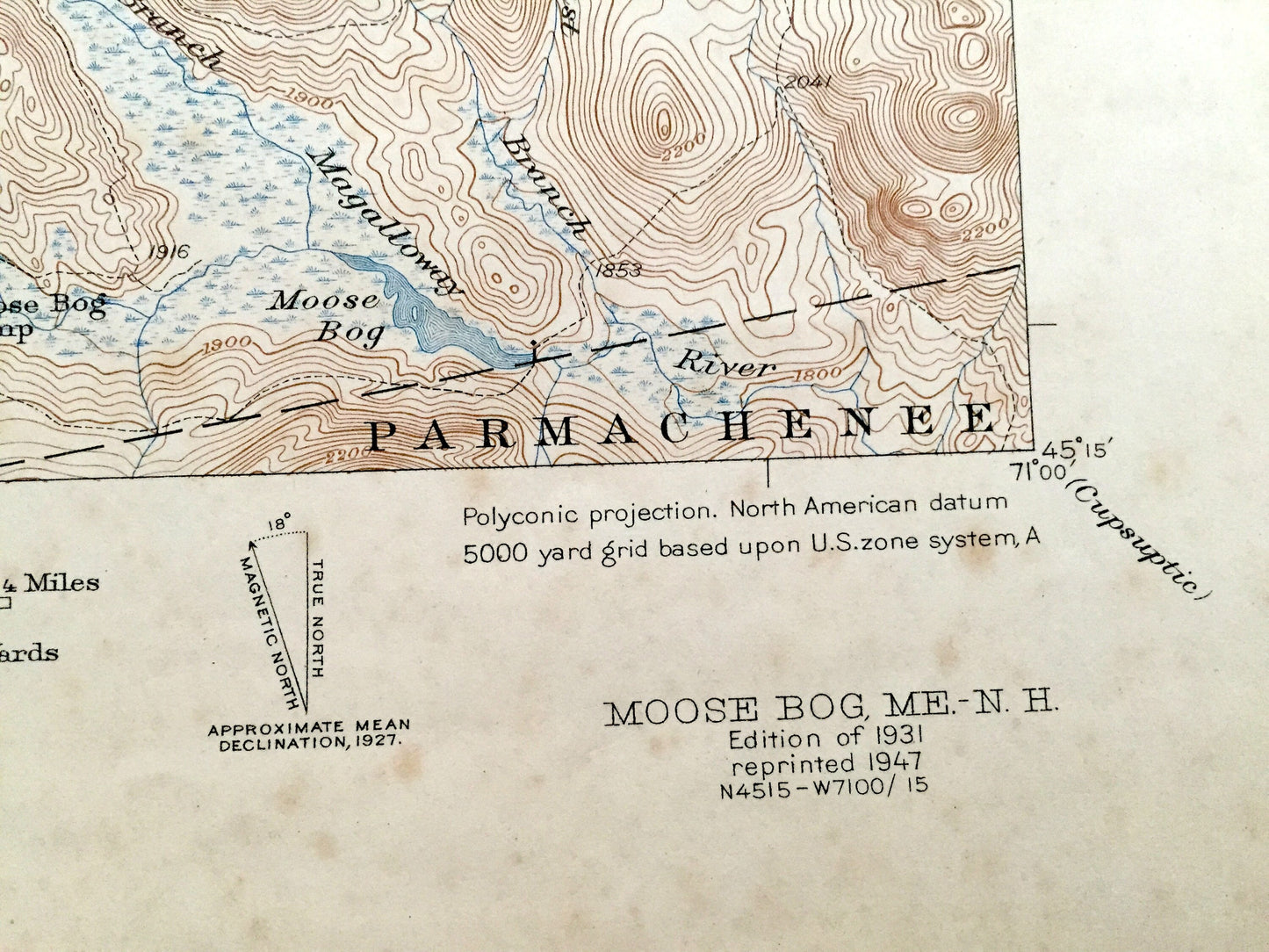 Antique Bowman, Maine & Pittsburg, New Hampshire 1931 US Geological Survey Topographic Map – Moose Bog, Coos, Oxford County, Parmachenee NH