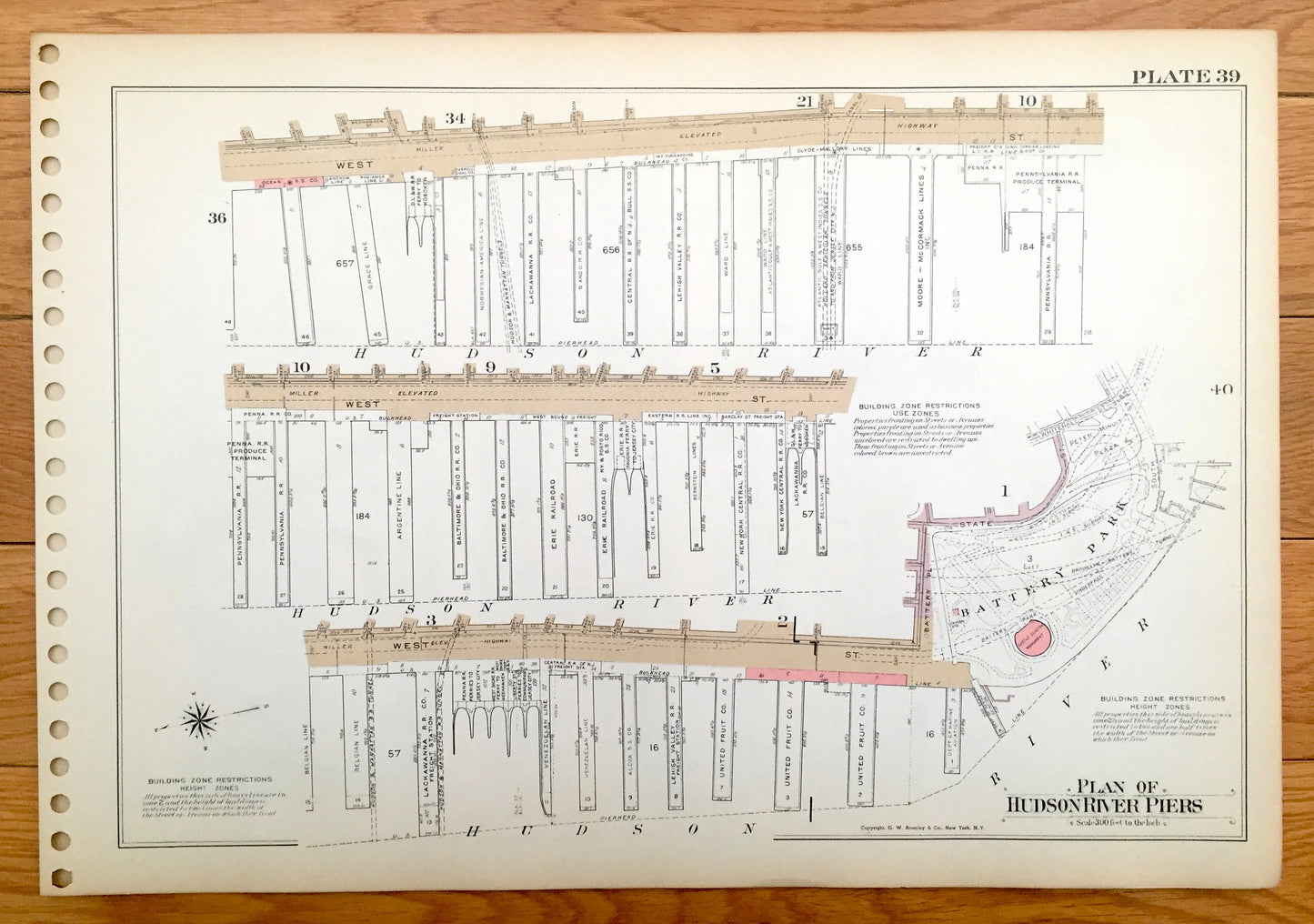 Antique Manhattan, New York Map from Bromley's 1955 Manhattan Land Book – Hudson, East River Piers, Chelsea, Battery Park, Downtown, NYC