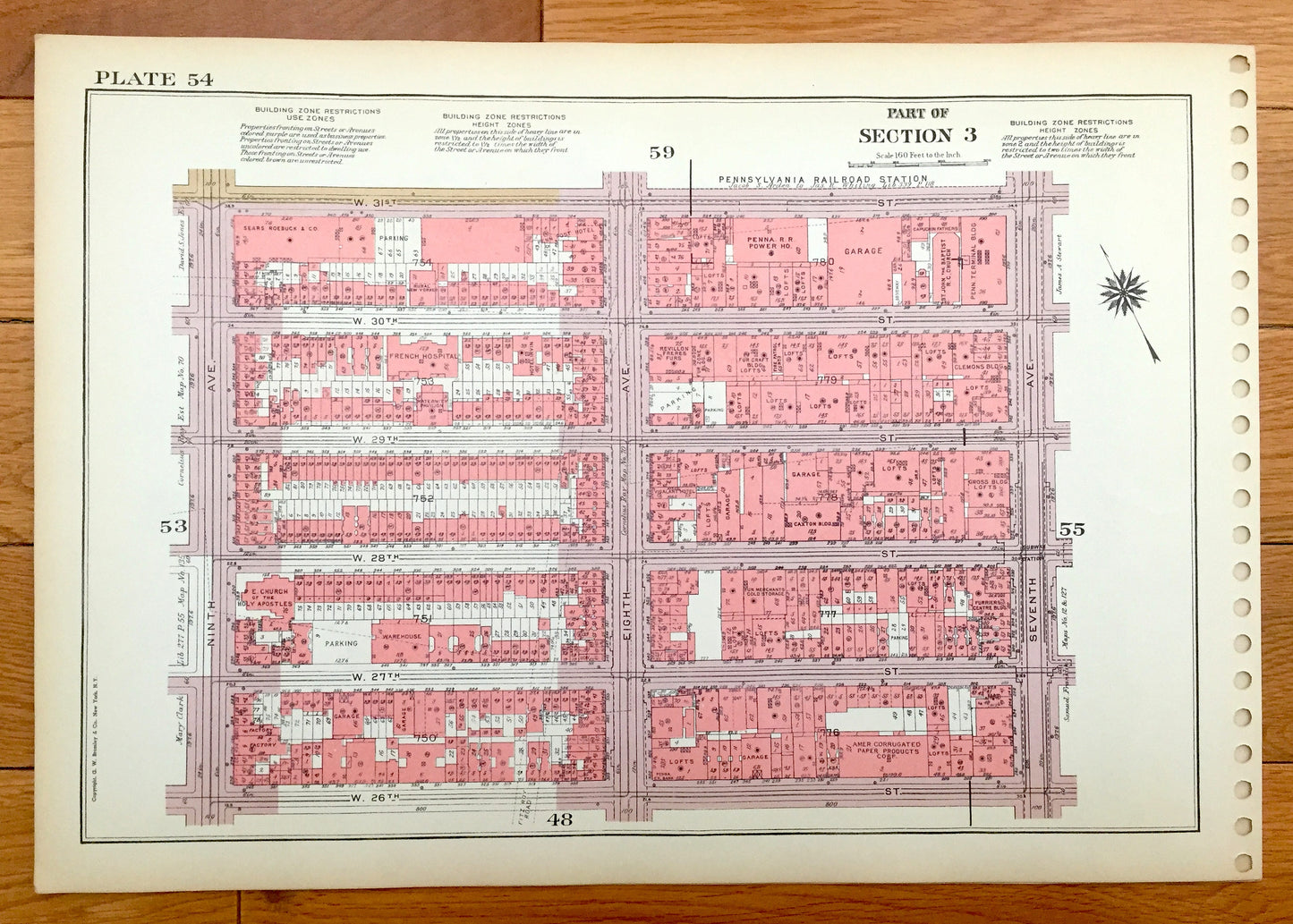 Antique Manhattan, New York Map from Bromley's 1955 Manhattan Land Book – Chelsea Park, West Side, Garment District, Midtown, NYC NY