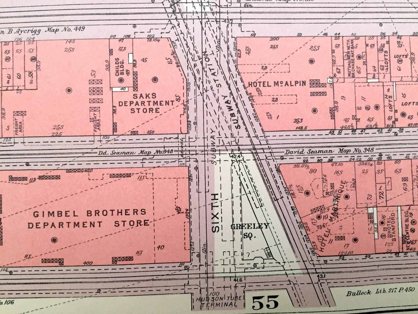 Antique Manhattan, New York Map from Bromley's 1955 Manhattan Land Book – Chelsea, Garment District, KTown Midtown Empire State Building NYC