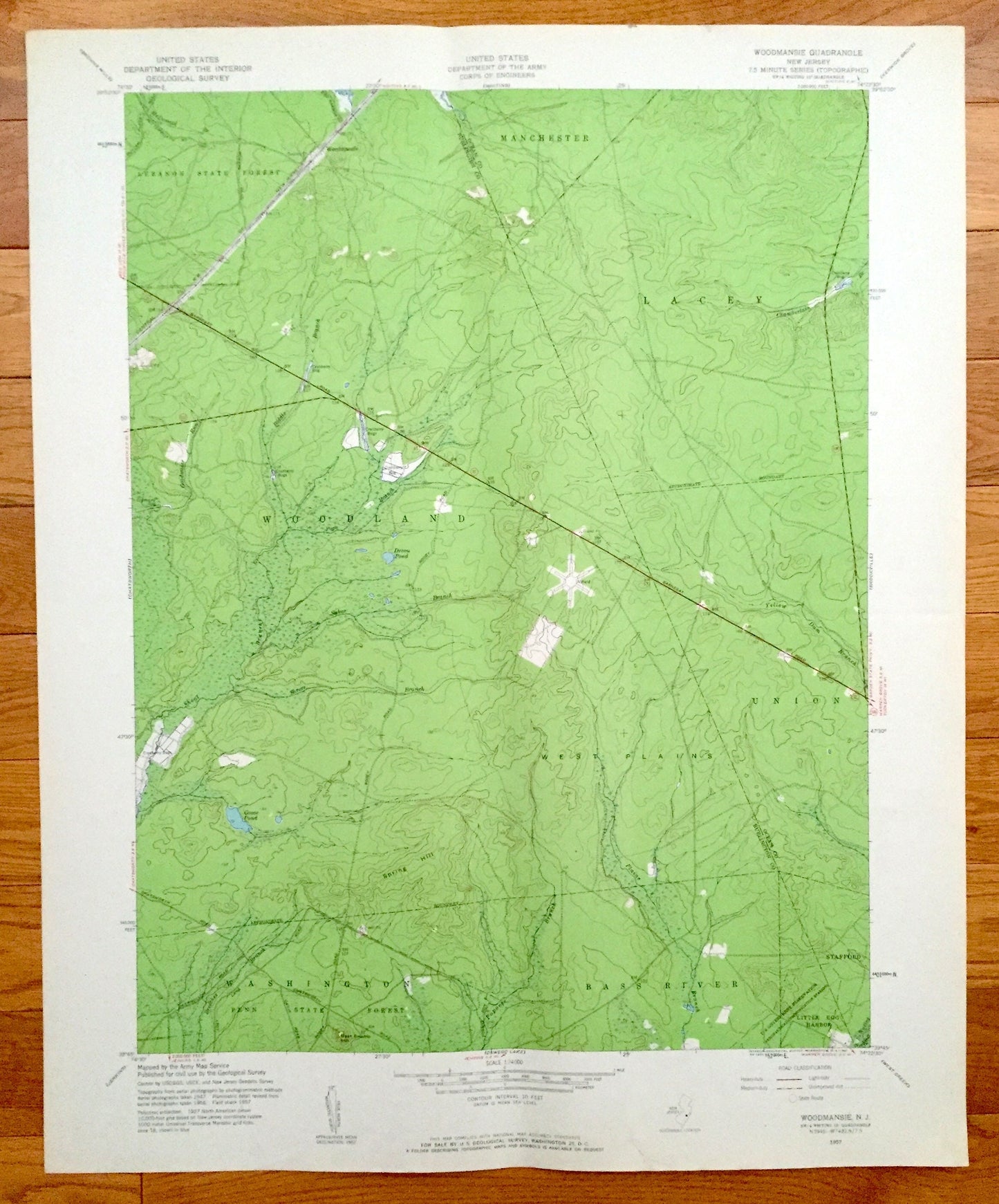 Antique Woodmansie, New Jersey 1957 US Geological Survey Topographic Map – Lacey, Washington, West Plains, Bass River, Little Egg Harbor, NJ