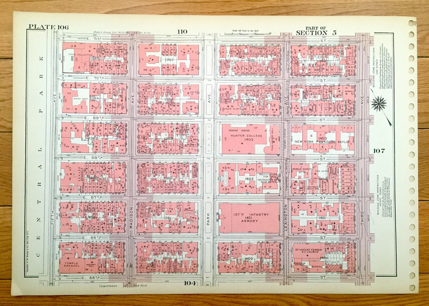 Antique Manhattan, New York City Map from Bromley's 1955 Manhattan Land Book – Upper East Side, Central Park, Lenox Hill, Queensboro Bridge