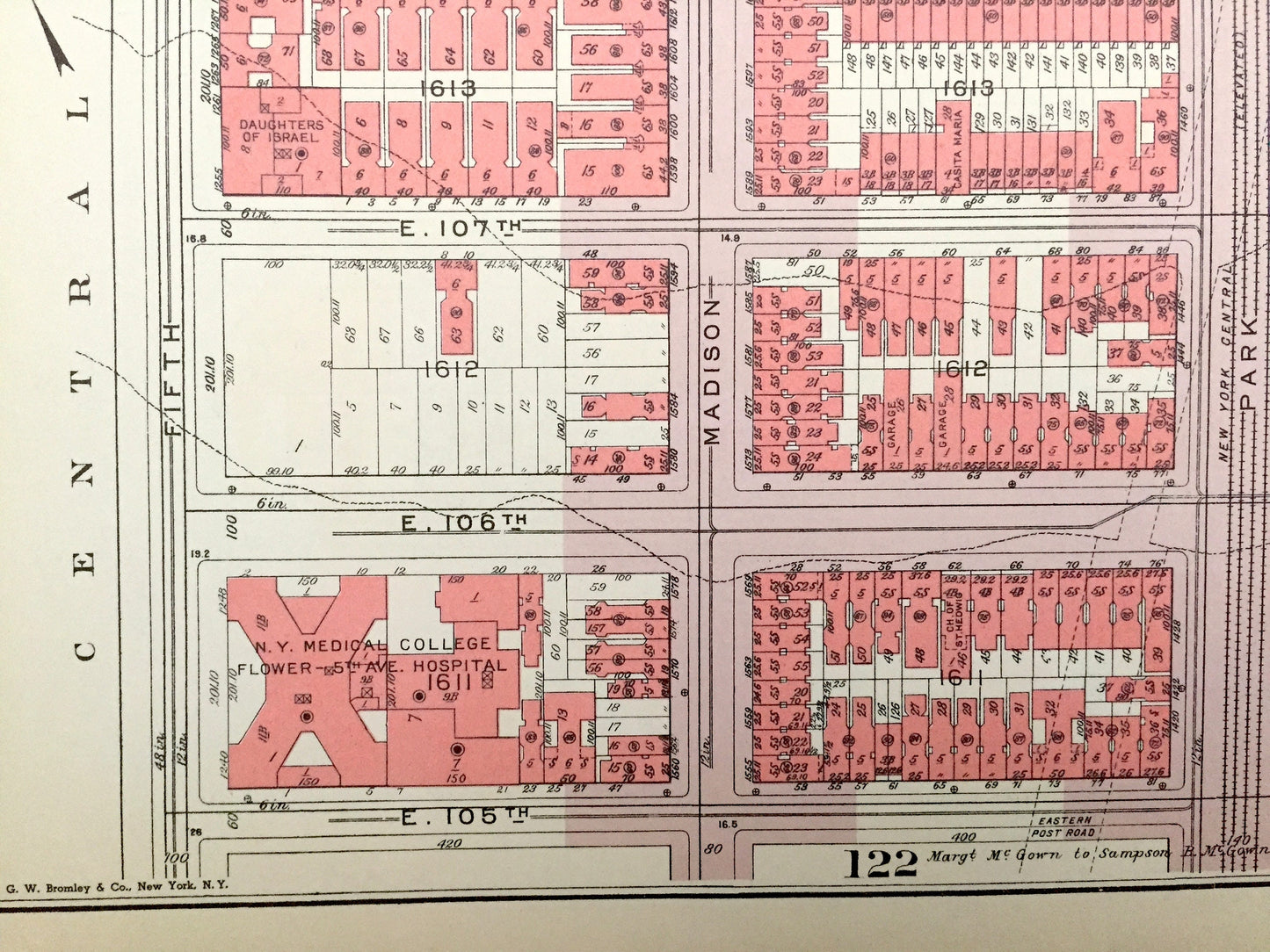 Antique Manhattan, New York City Map from Bromley's 1955 Manhattan Land Book – Harlem, Upper East Side, Central Park, Frawley Circle, NYC NY