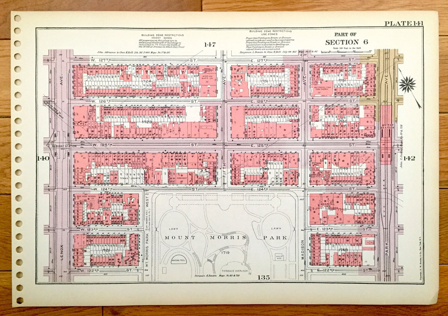 Antique Manhattan, New York City Map from Bromley's 1955 Manhattan Land Book – East Harlem, Marcus Garvey Park, Mount Morris Park, NYC NY