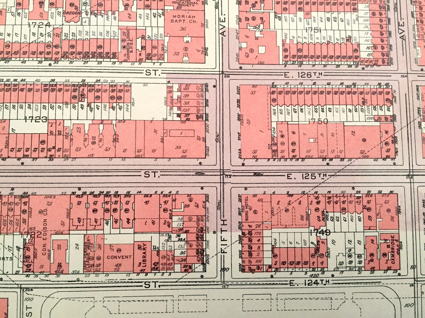 Antique Manhattan, New York City Map from Bromley's 1955 Manhattan Land Book – East Harlem, Marcus Garvey Park, Mount Morris Park, NYC NY