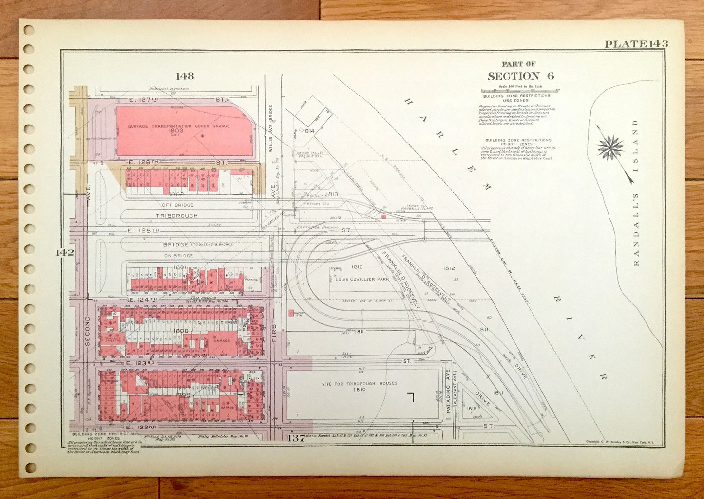 Antique Manhattan, New York City Map from Bromley's 1955 Manhattan Land Book – Harlem Riverside Park Morningside Heights Manhattanville NYC