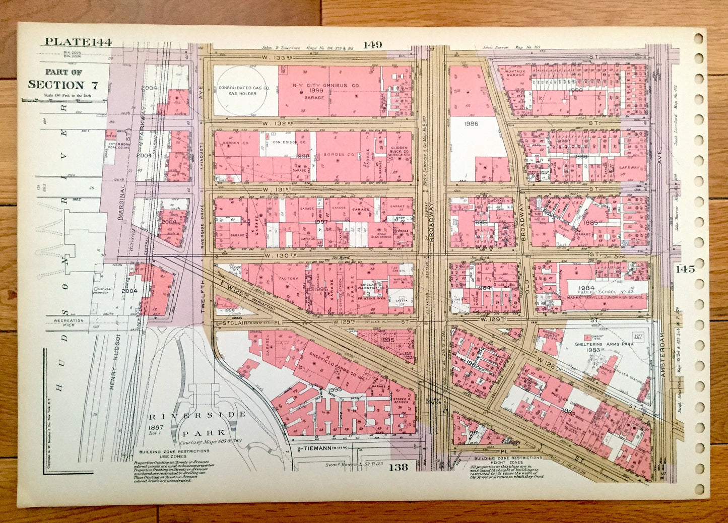 Antique Manhattan, New York City Map from Bromley's 1955 Manhattan Land Book – Harlem Riverside Park Morningside Heights Manhattanville NYC