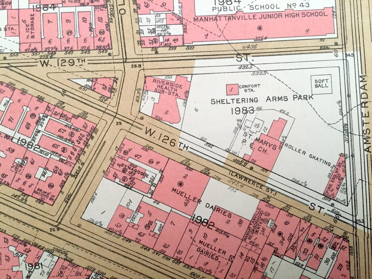 Antique Manhattan, New York City Map from Bromley's 1955 Manhattan Land Book – Harlem Riverside Park Morningside Heights Manhattanville NYC