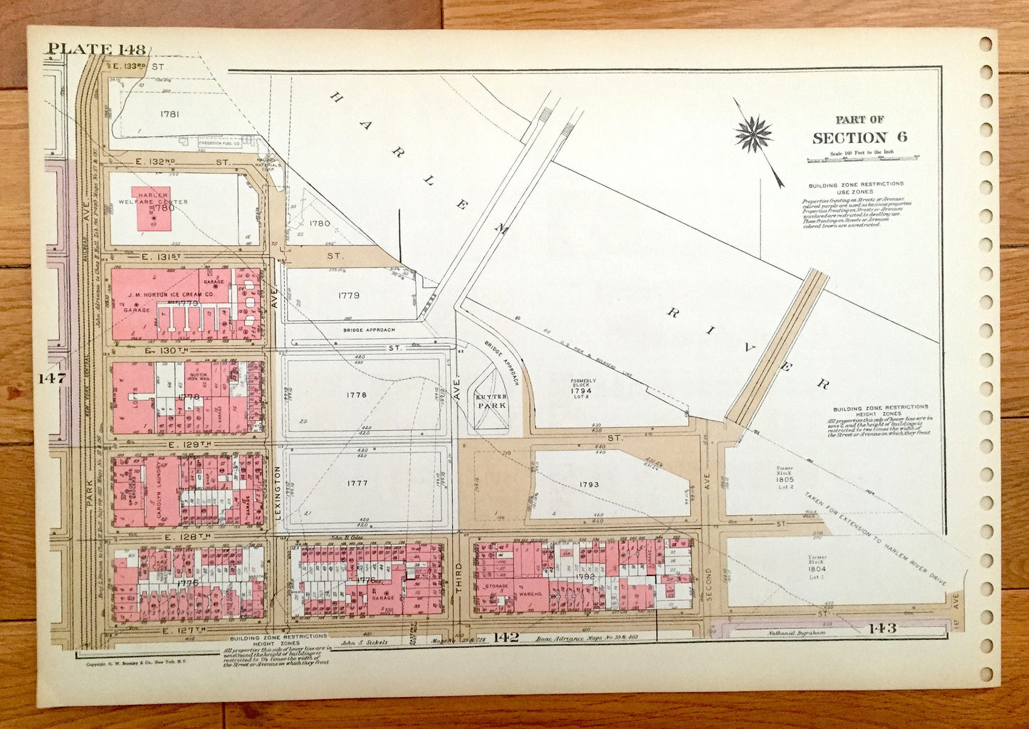Antique Manhattan, New York City Map from Bromley's 1955 Manhattan Land Book – East Harlem, Harlem River, Park Avenue, Lexington Ave, NYC NY