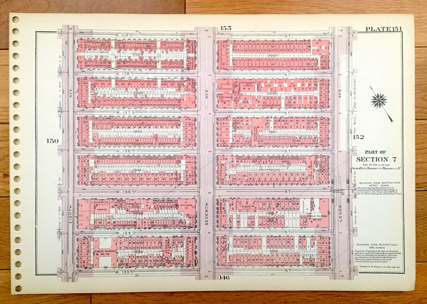 Antique Manhattan, New York City Map from Bromley's 1955 Manhattan Land Book – East Harlem, Riverton, Park Avenue, Madison, Bridge NYC NY