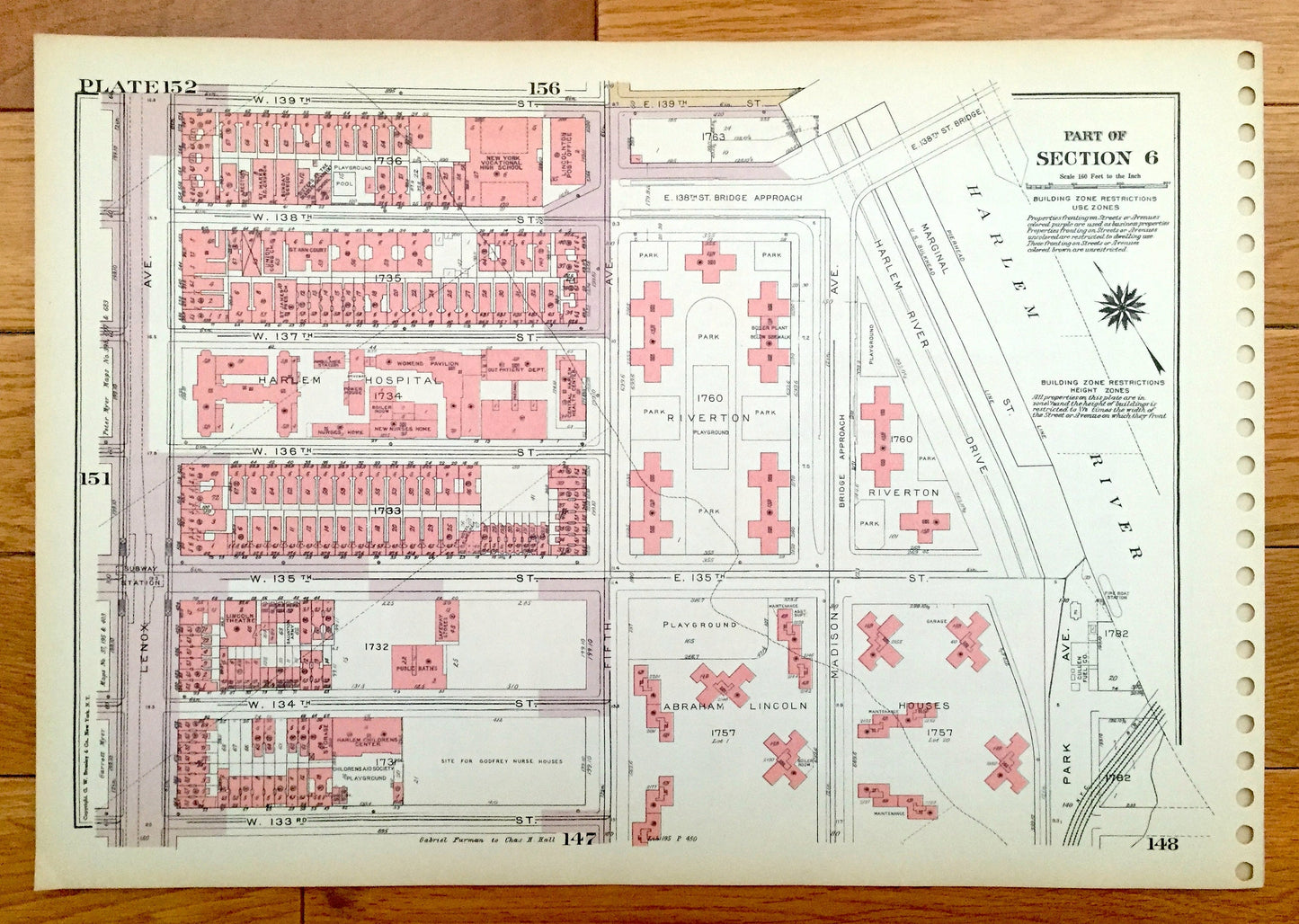 Antique Manhattan, New York City Map from Bromley's 1955 Manhattan Land Book – East Harlem, Riverton, Park Avenue, Madison, Bridge NYC NY