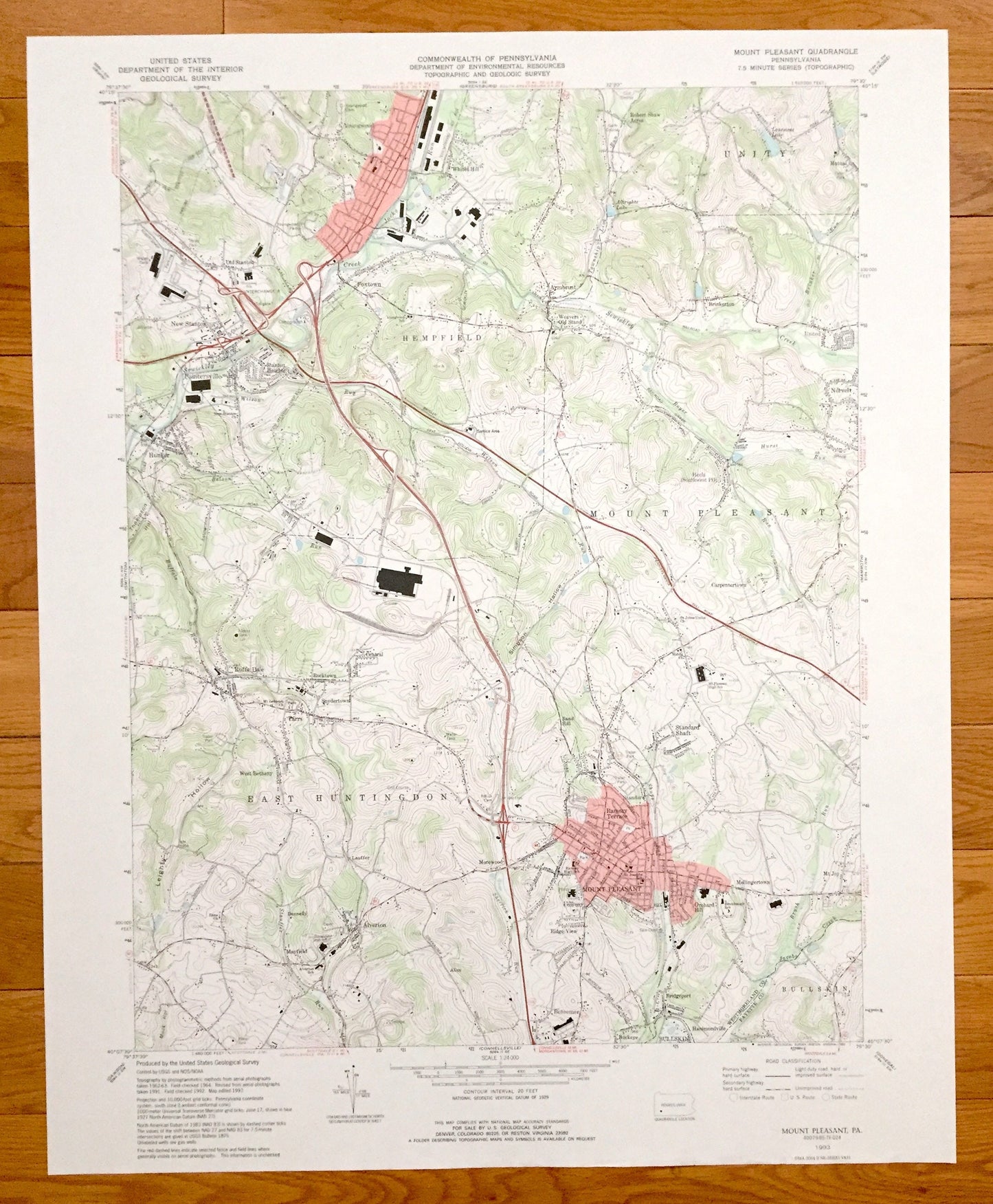 Antique Mount Pleasant, Pennsylvania 1993 US Geological Survey Topographic Map – Westmoreland County New Stanton Ruffs Dale Paintersville PA