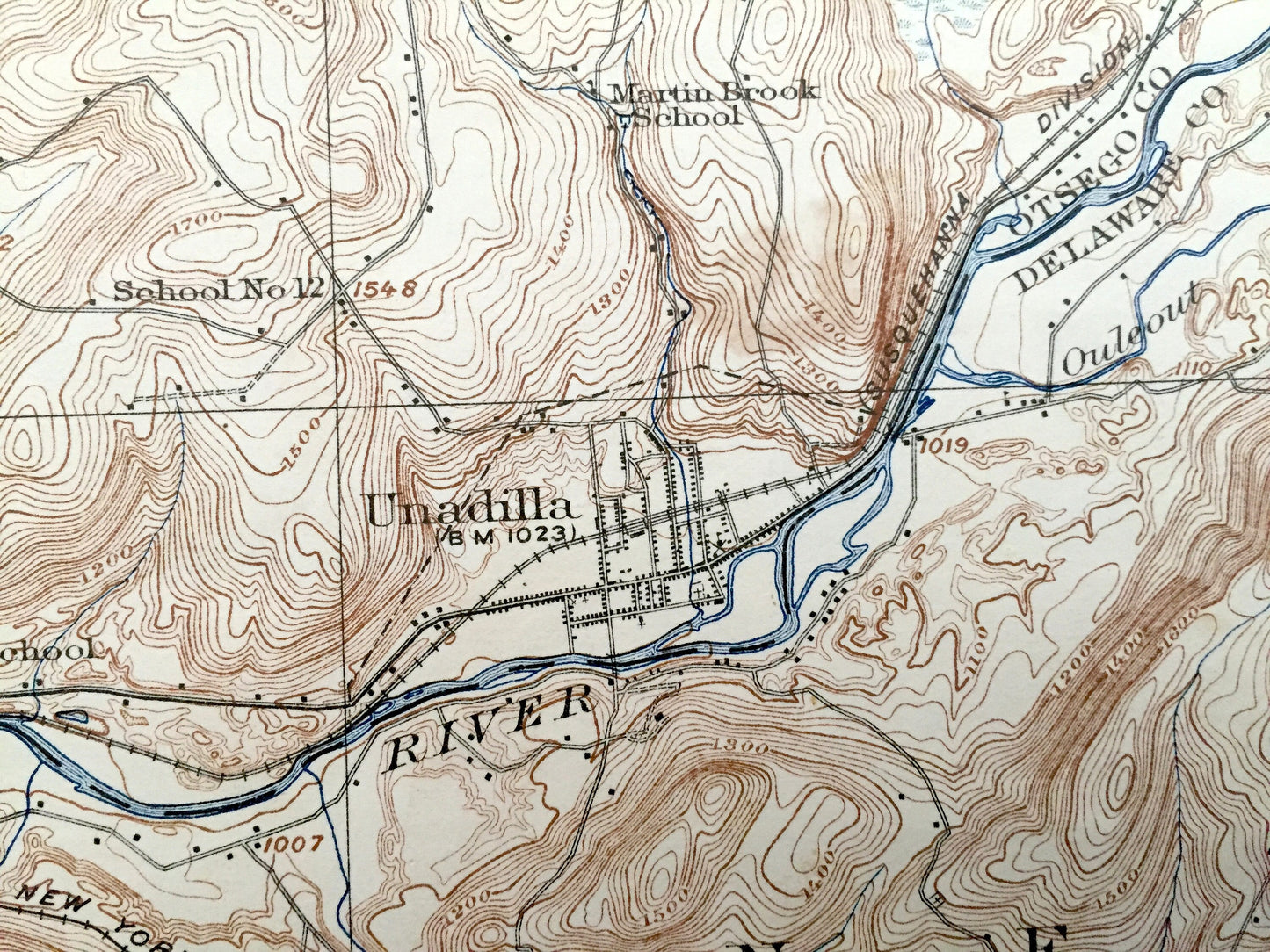 Antique Unadilla, New York 1918 US Geological Survey Topographic Map – Otsego, Chenango, Delaware County, Bainbridge, Sidney, Butternuts, NY