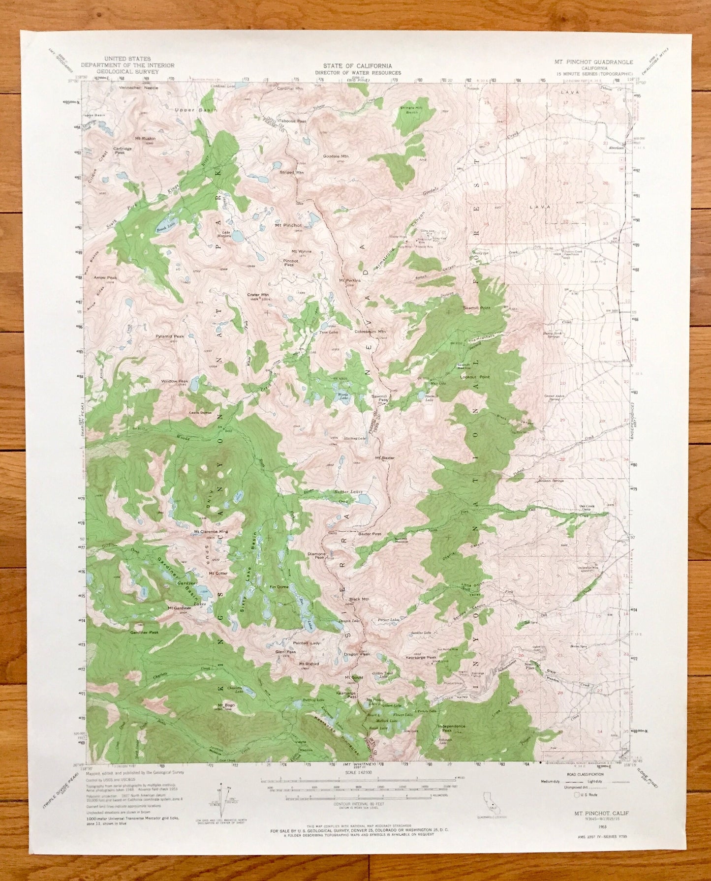 Antique Mt Pinchot, California 1953 US Geological Survey Topographic Map – Sierra Nevadas, Kings, Inyo National Forest, Fresno, County, CA