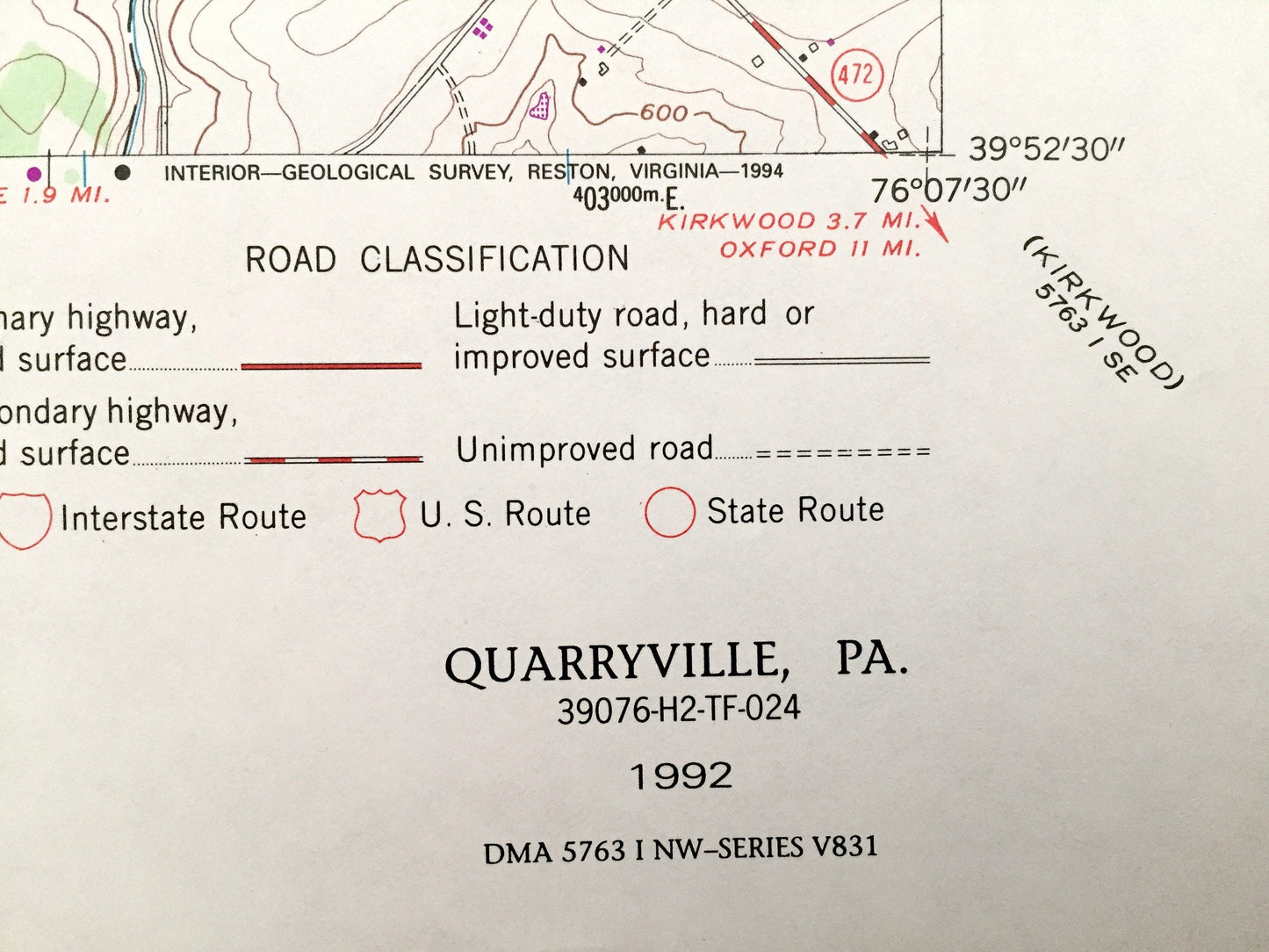 Antique Quarryville, Pennsylvania 1992 US Geological Survey Topographic Map – Lancaster County, New Providence Strasburg Lampeter Camargo PA