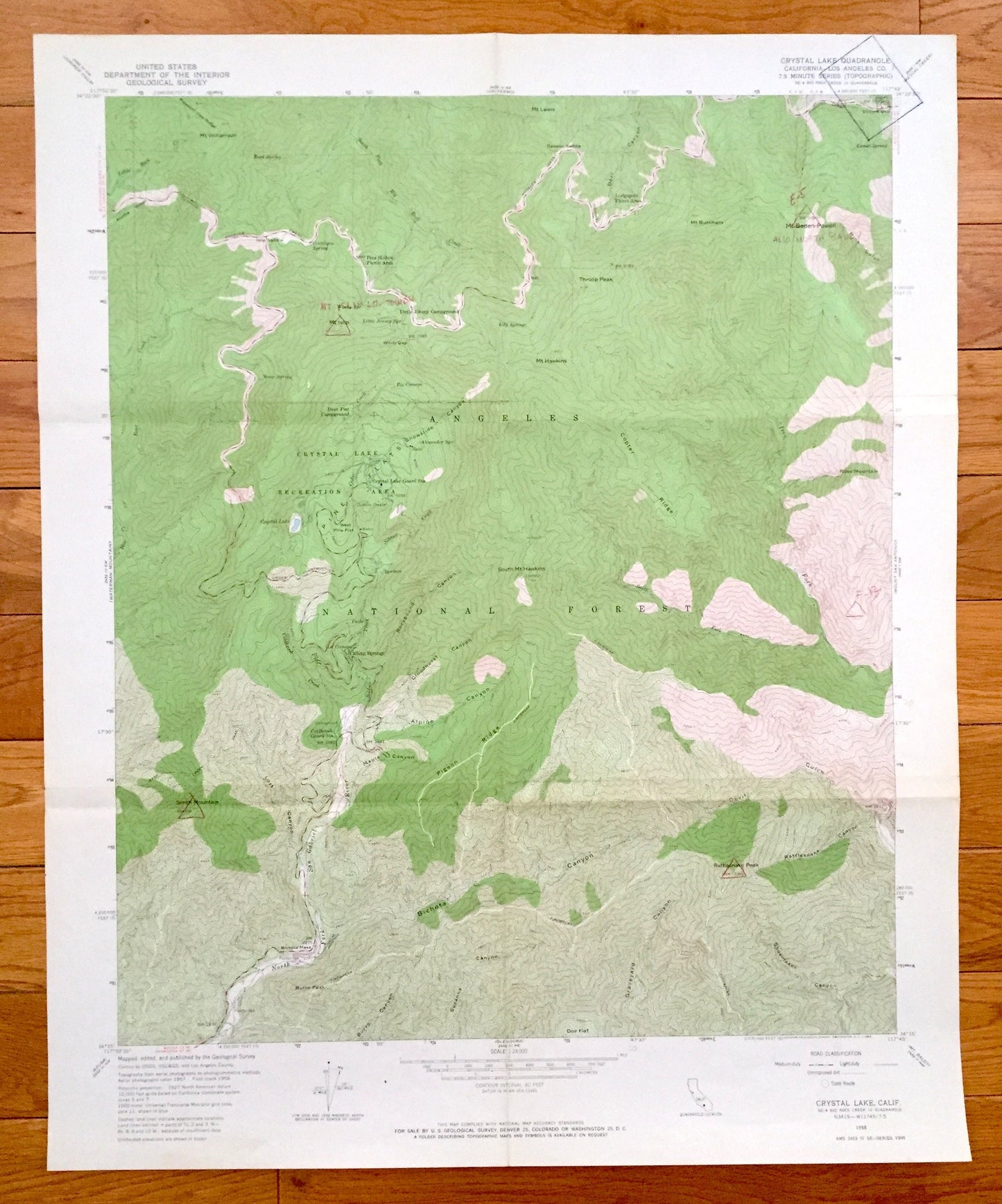 Antique Crystal Lake, California 1958 US Geological Survey Topographic Map – Los Angeles County, National Forest, South Mt. Hawkins, CA