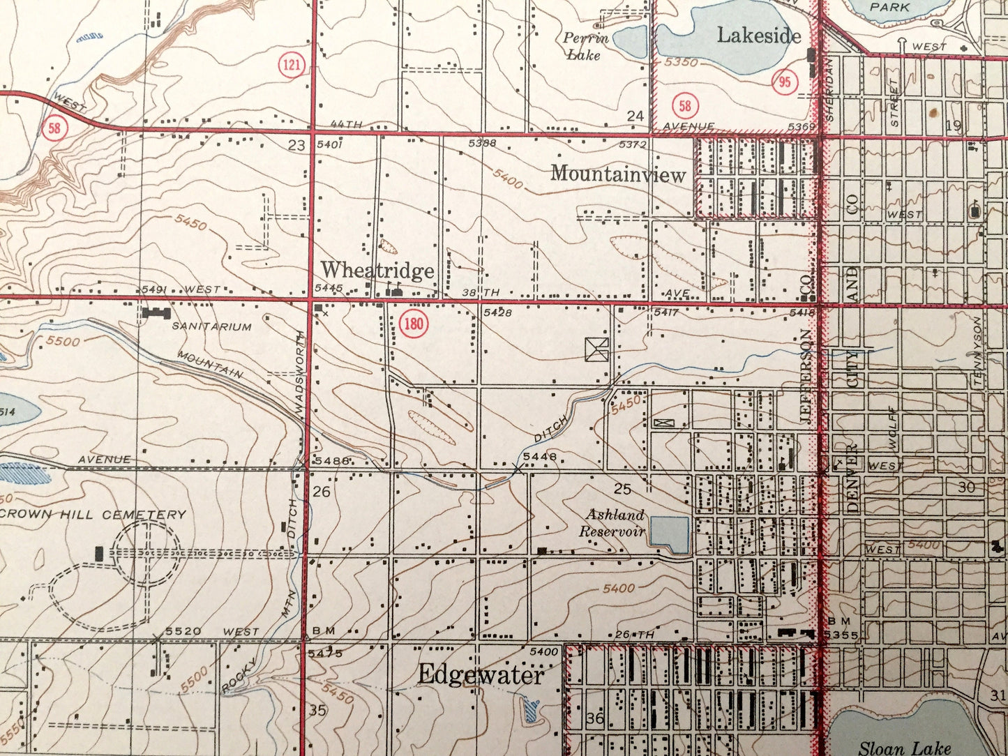 Antique Denver, Colorado 1944 US Geological Survey Topographic Map – Wheat Ridge, Arvada, Mountainview, Westminster, Edgewater, Standley, CO