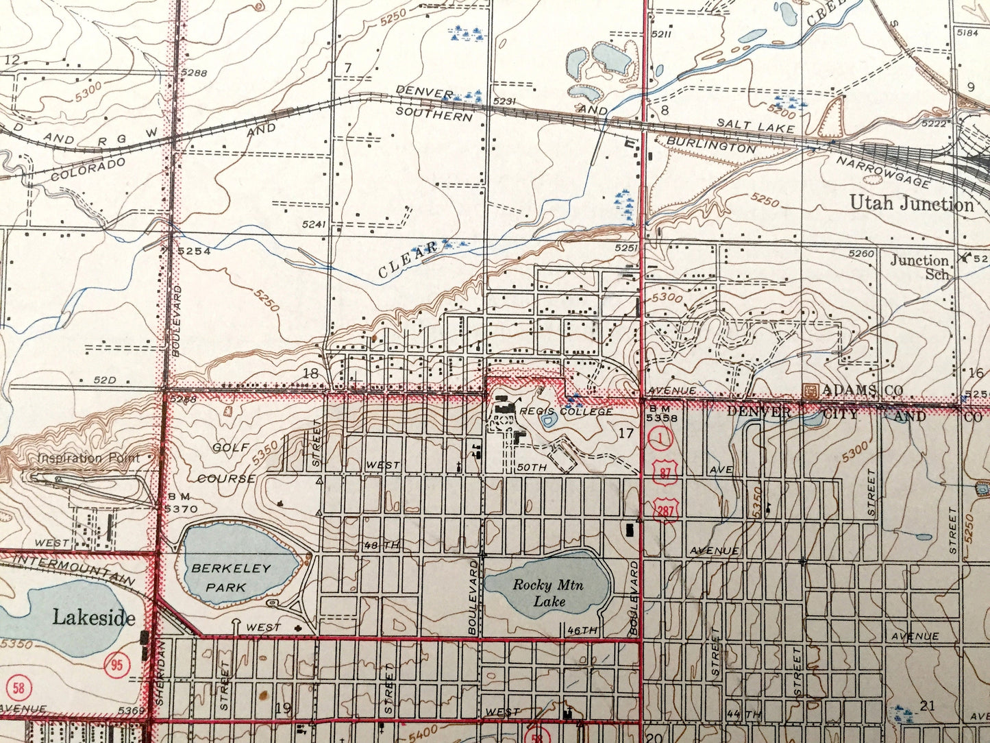 Antique Denver, Colorado 1944 US Geological Survey Topographic Map – Wheat Ridge, Arvada, Mountainview, Westminster, Edgewater, Standley, CO