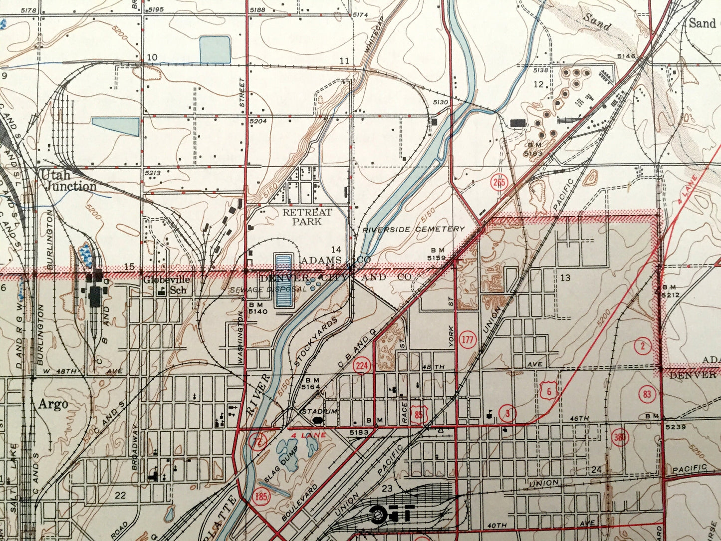 Antique Denver, Colorado 1947 US Geological Survey Topographic Map – Derby, Irondale, Dupont, Welby, South Platte River, Adams County, CO