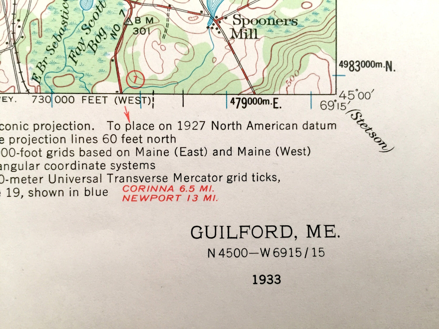 Antique Guilford, Maine 1933 US Geological Survey Topographic Map - Abbot, Dover-Foxcroft, Dexter, Cambridge, Ripley, Sangerville, ME
