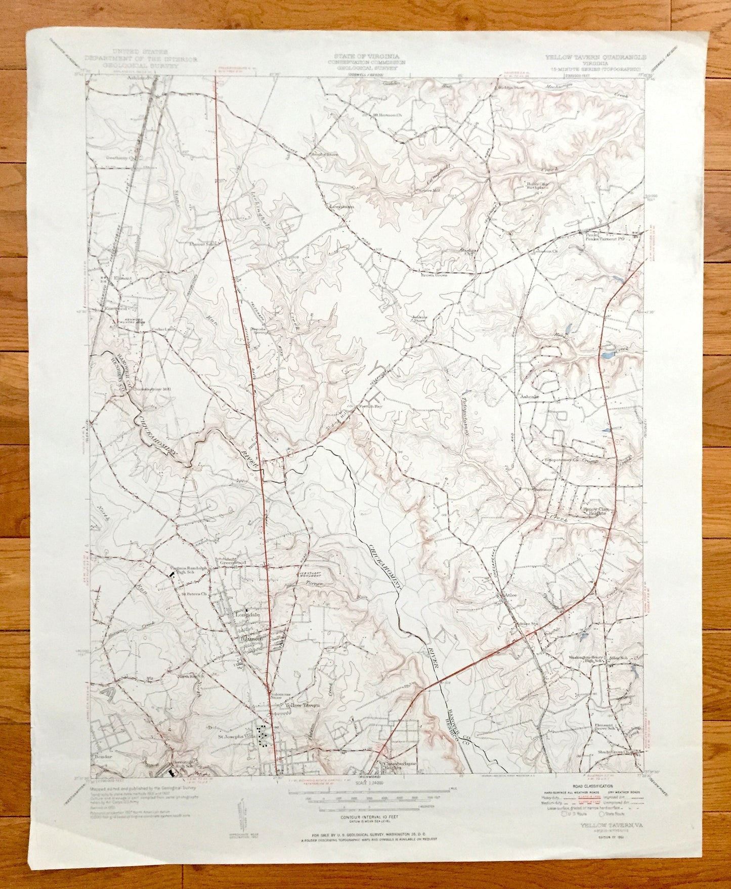 Antique Yellow Tavern, Virginia 1951 US Geological Survey Topographic Map –Henrico County, Longdale, Biltmore, Boudar, Greenwood, French Hay