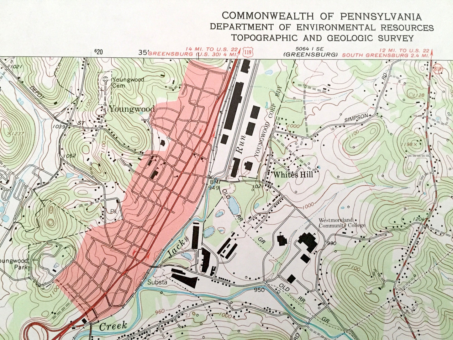 Antique Mount Pleasant, Pennsylvania 1993 US Geological Survey Topographic Map – Westmoreland County New Stanton Ruffs Dale Paintersville PA