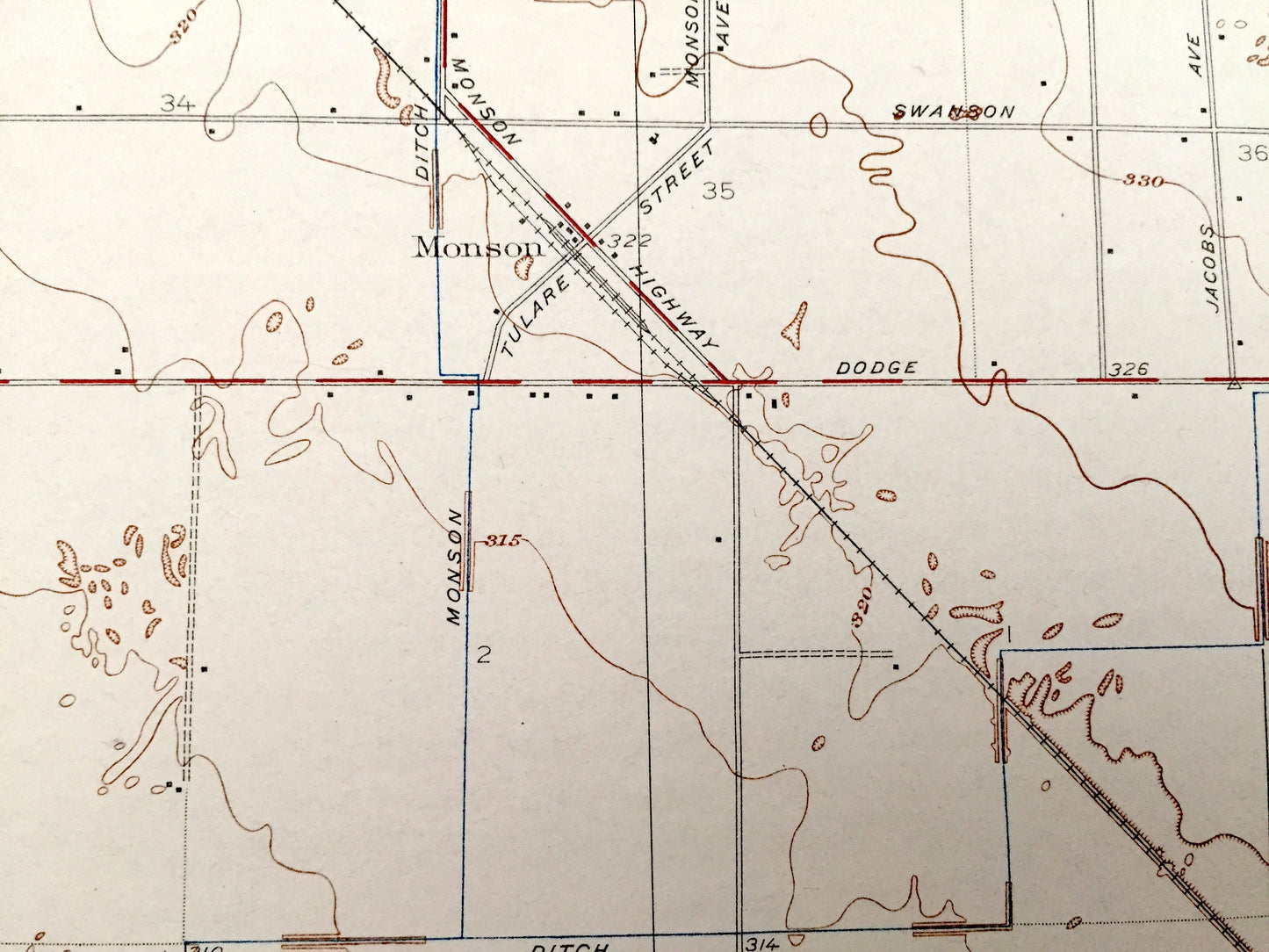 Antique Monson, California 1927 US Geological Survey Topographic Map – Tulare County, Yettem, Penal, Taurusa, Visalia, St Johns River, CA