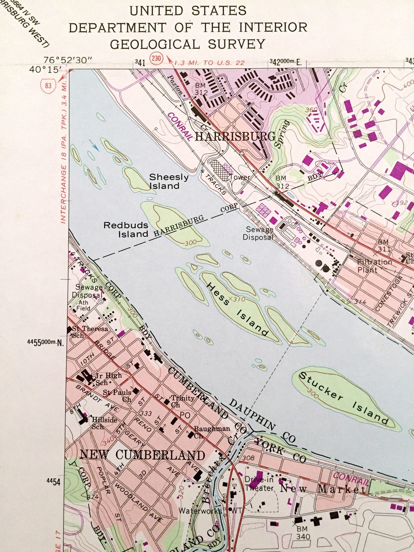Antique Steelton, Pennsylvania 1963 US Geological Survey Topographic Map – Dauphin County, York County, New Cumberland, Harrisburg,Highspire