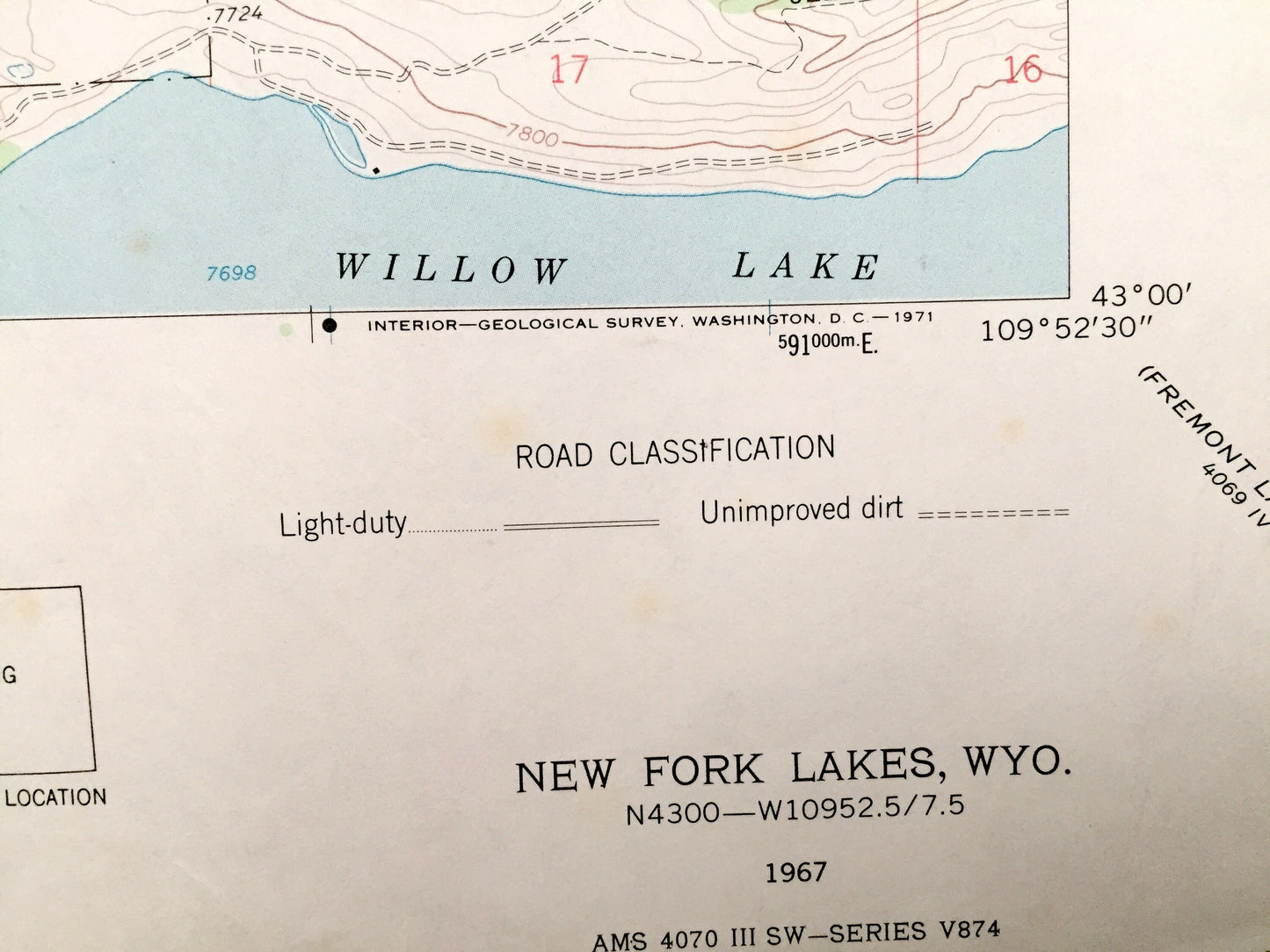 Antique New Fork Lakes, Wyoming 1967 US Geological Survey Topographic Map – Sublette County, Willow Lake, New Fork River, Little Flattop Mtn