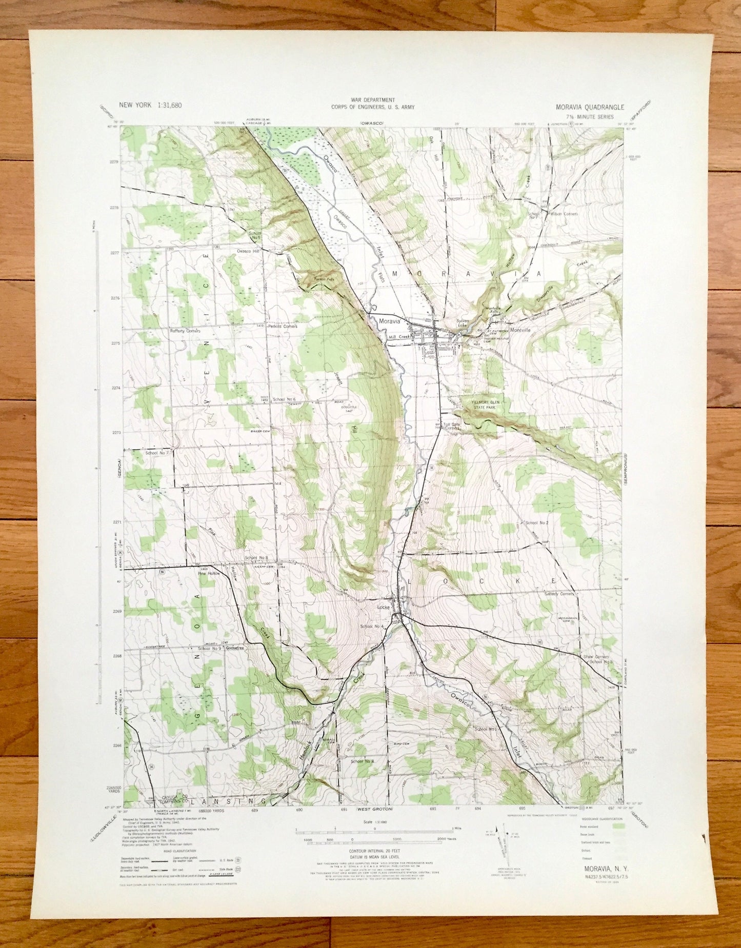 Antique Moravia, New York 1943 US Geological Survey Topographic Map – Venice, Genoa, Locke Montville Fillmore Glen Cayuga Tompkins County NY