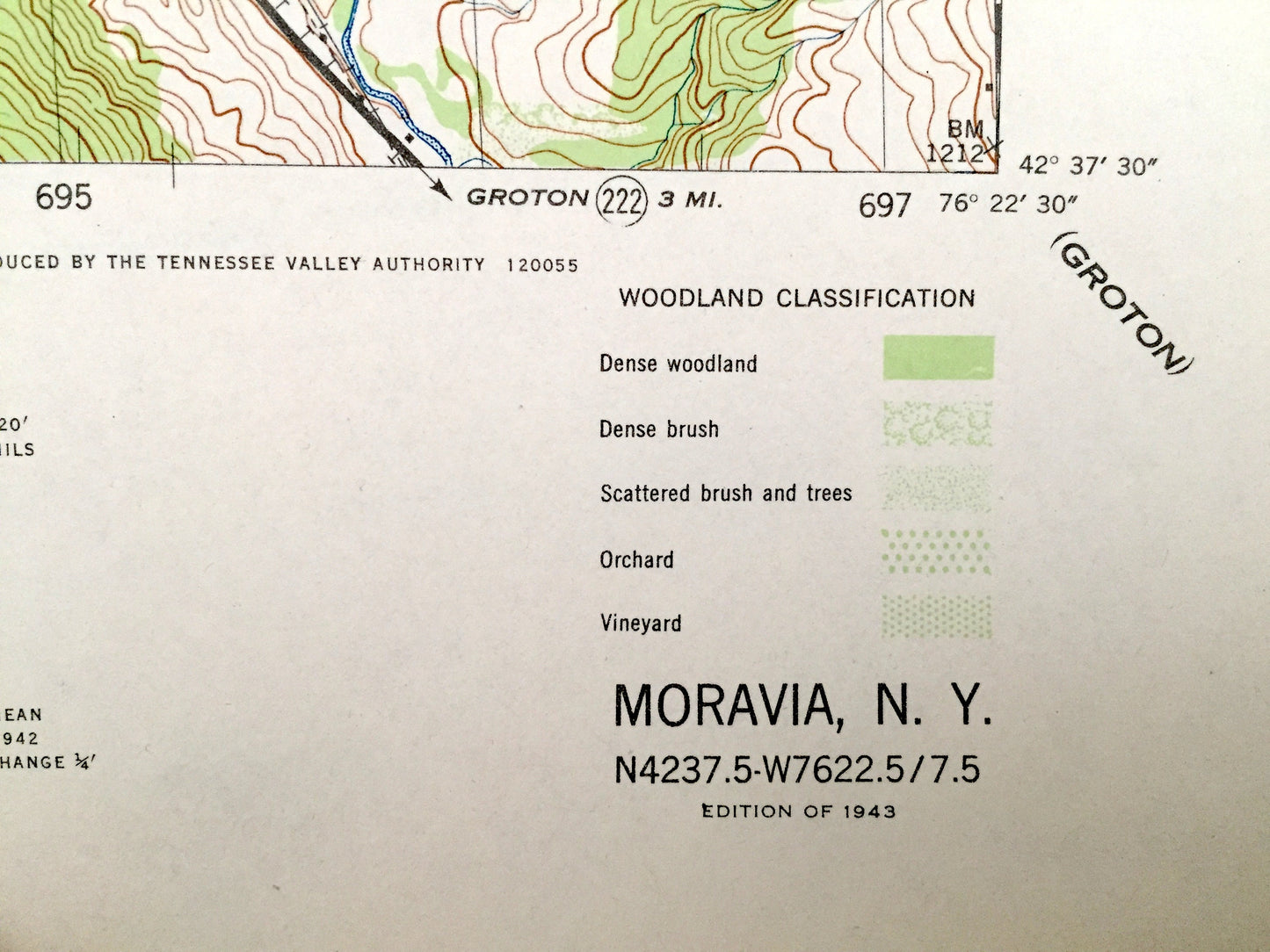 Antique Moravia, New York 1943 US Geological Survey Topographic Map – Venice, Genoa, Locke Montville Fillmore Glen Cayuga Tompkins County NY