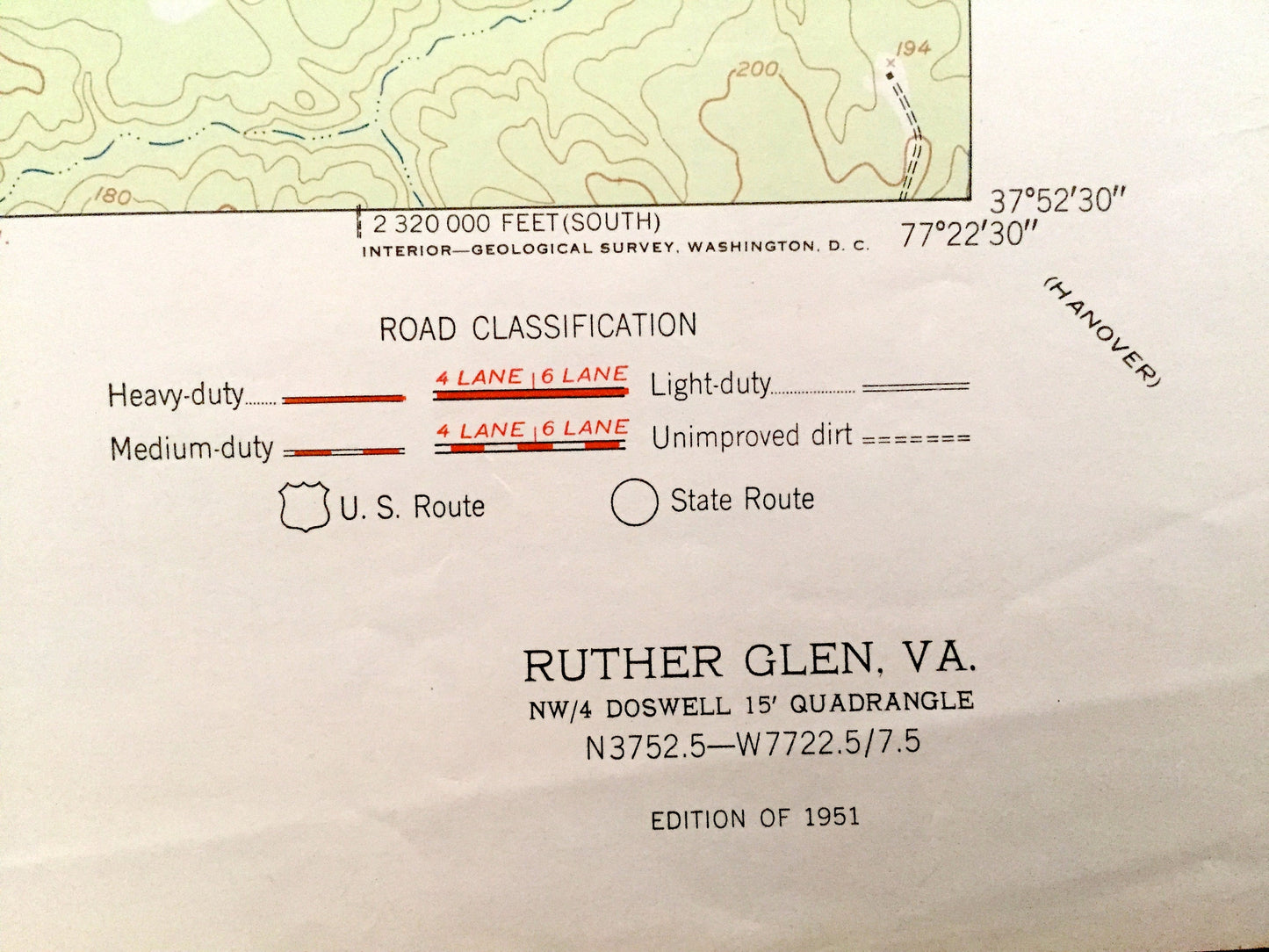 Antique Ruther Glen, Virginia 1951 US Geological Survey Topographic Map–Caroline Co, Balty, Athens, McDuff, Peatross, Moncure Corner, Bagdad