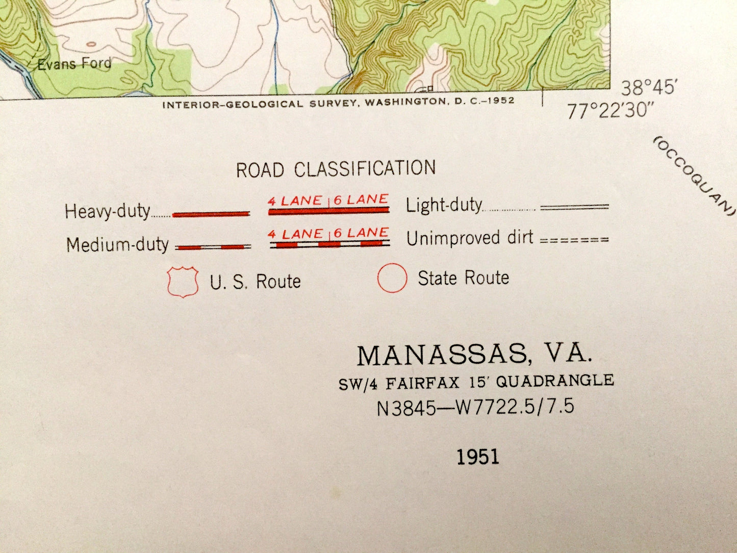 Antique Manassas, Virginia 1951 US Geological Survey Topographic Map – Prince William County, Fairfax, Clifton, Yorkshire, Park, Bull Run VA