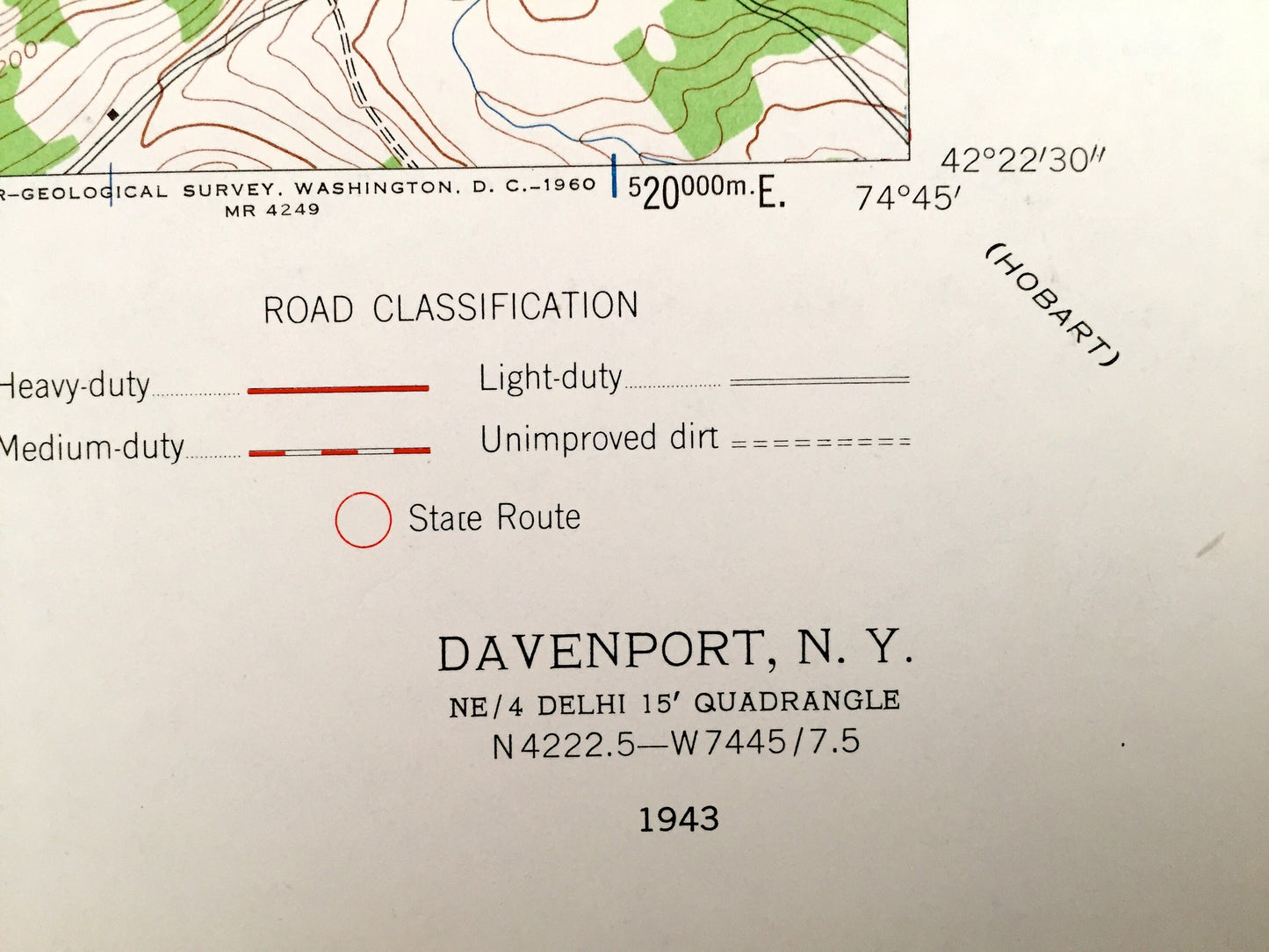 Antique Davenport, New York 1943 US Geological Survey Topographic Map – Delaware County, Fergusonville, Harpersfield, Hoseaville Meredith NY