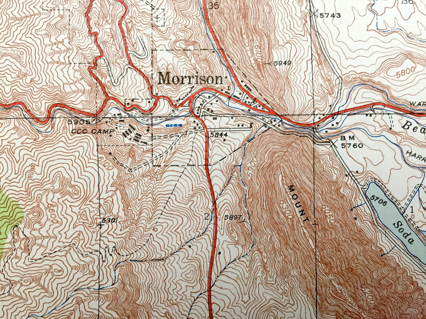 Antique Morrison, Colorado 1938 US Geological Survey Topographic Map – Golden, Idledale, Red Rocks, Jefferson County, Green Mountain